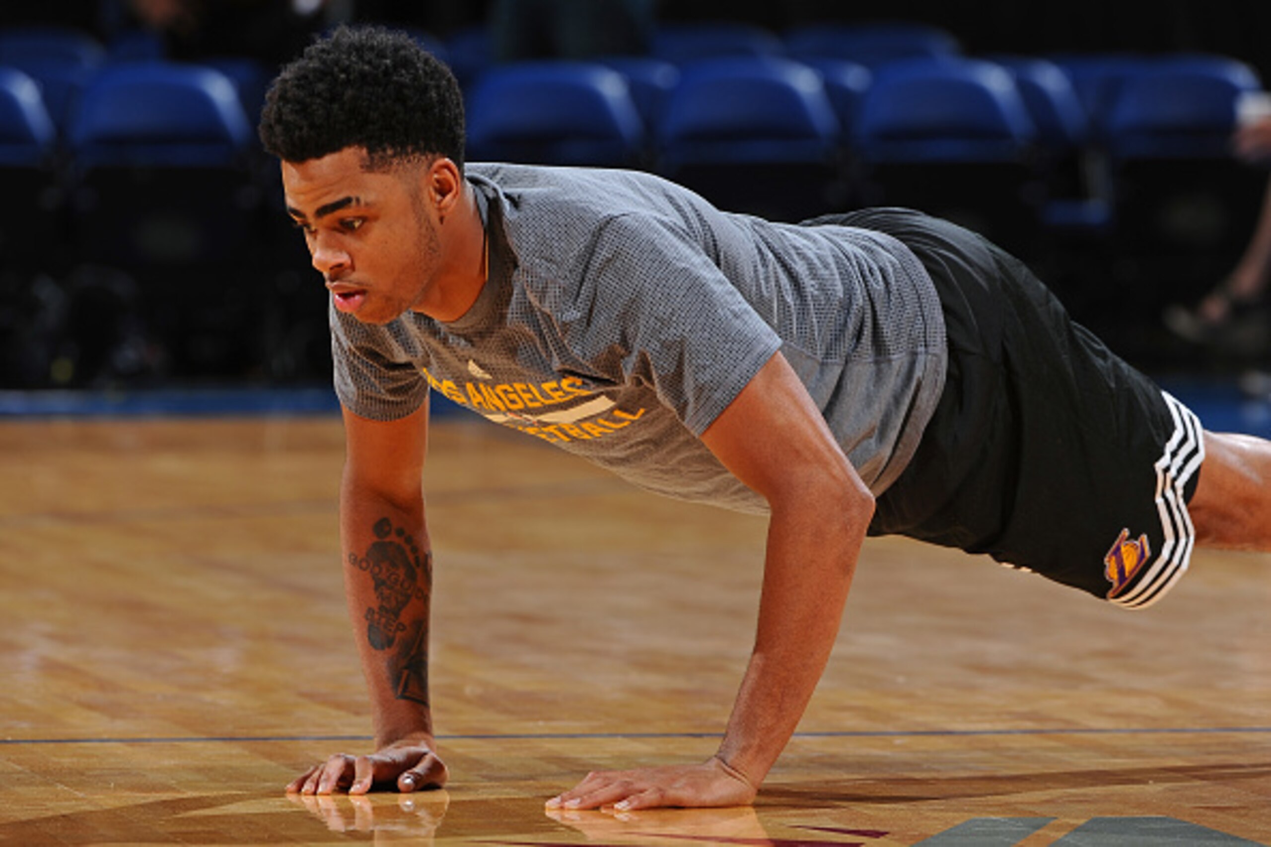 ONTARIO, CA - OCTOBER 08:  D'Angelo Russell #1 of the Los Angeles Lakers warms up before a preseason game against the Toronto Raptors on October 08, 2015 at Citizens Bank Arena in Ontario, California. NOTE TO USER: User expressly acknowledges and agrees t