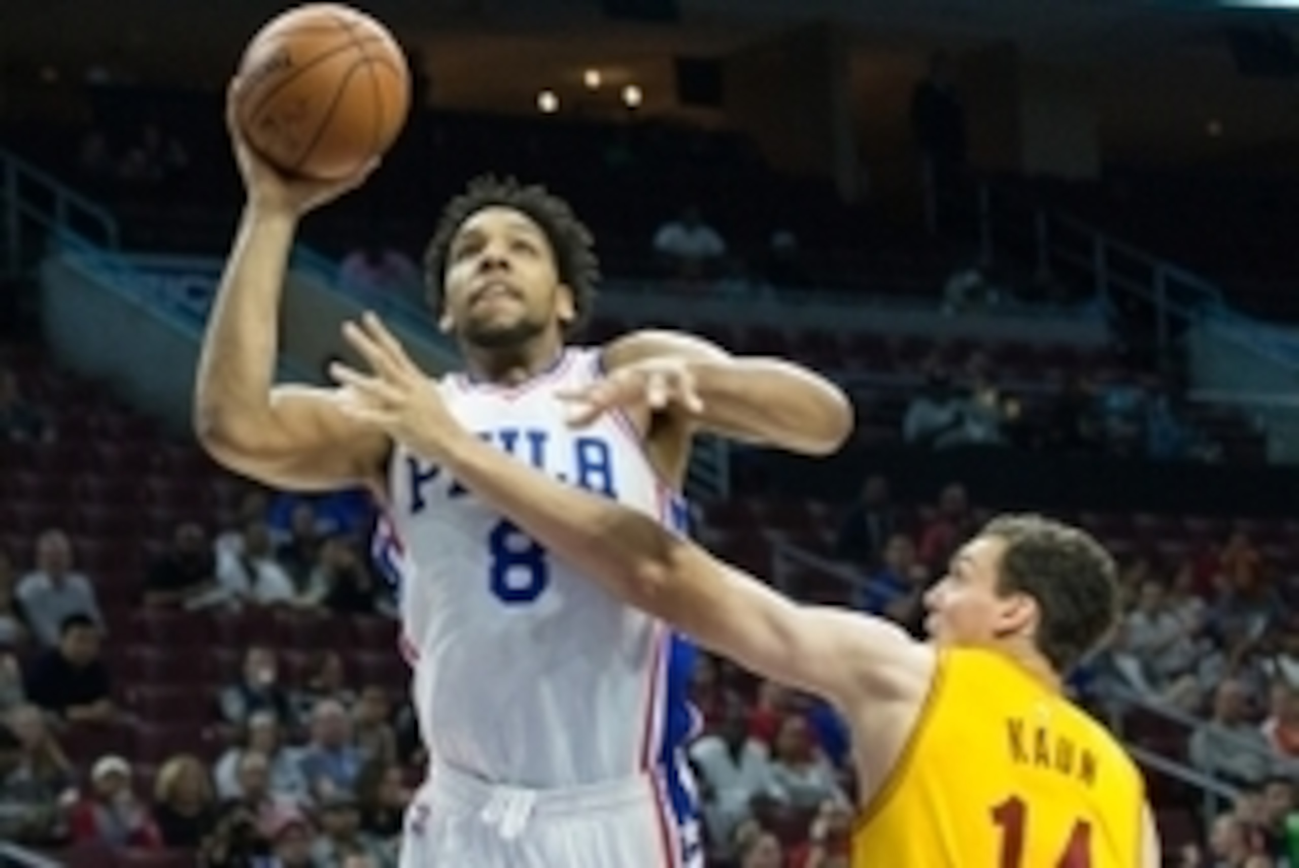 Oct 8, 2015; Philadelphia, PA, USA; Philadelphia 76ers center Jahlil Okafor (8) shoots  the ball in front of Cleveland Cavaliers center Sasha Kaun (14) during the first quarter at Wells Fargo Center. Mandatory Credit: Bill Streicher-USA TODAY Sports