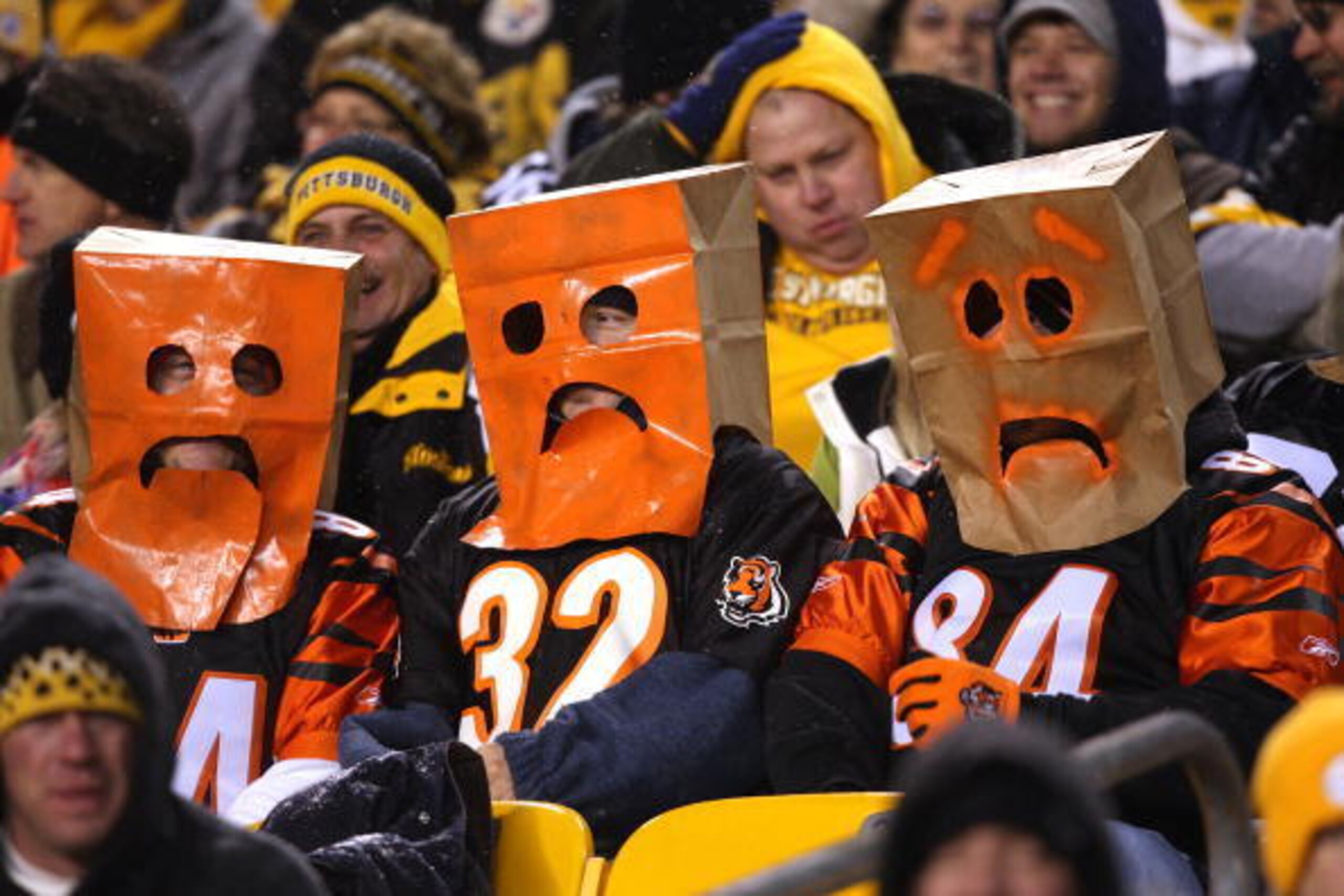 PITTSBURGH, PA - NOVEMBER 20: Cincinnati Bengals fans look on as they wear bags on their heads during the second half against the Pittsburgh Steelers at Heinz Field November 20, 2008 in Pittsburgh, Pennsylvania. (Photo by Joe Robbins/Getty Images)