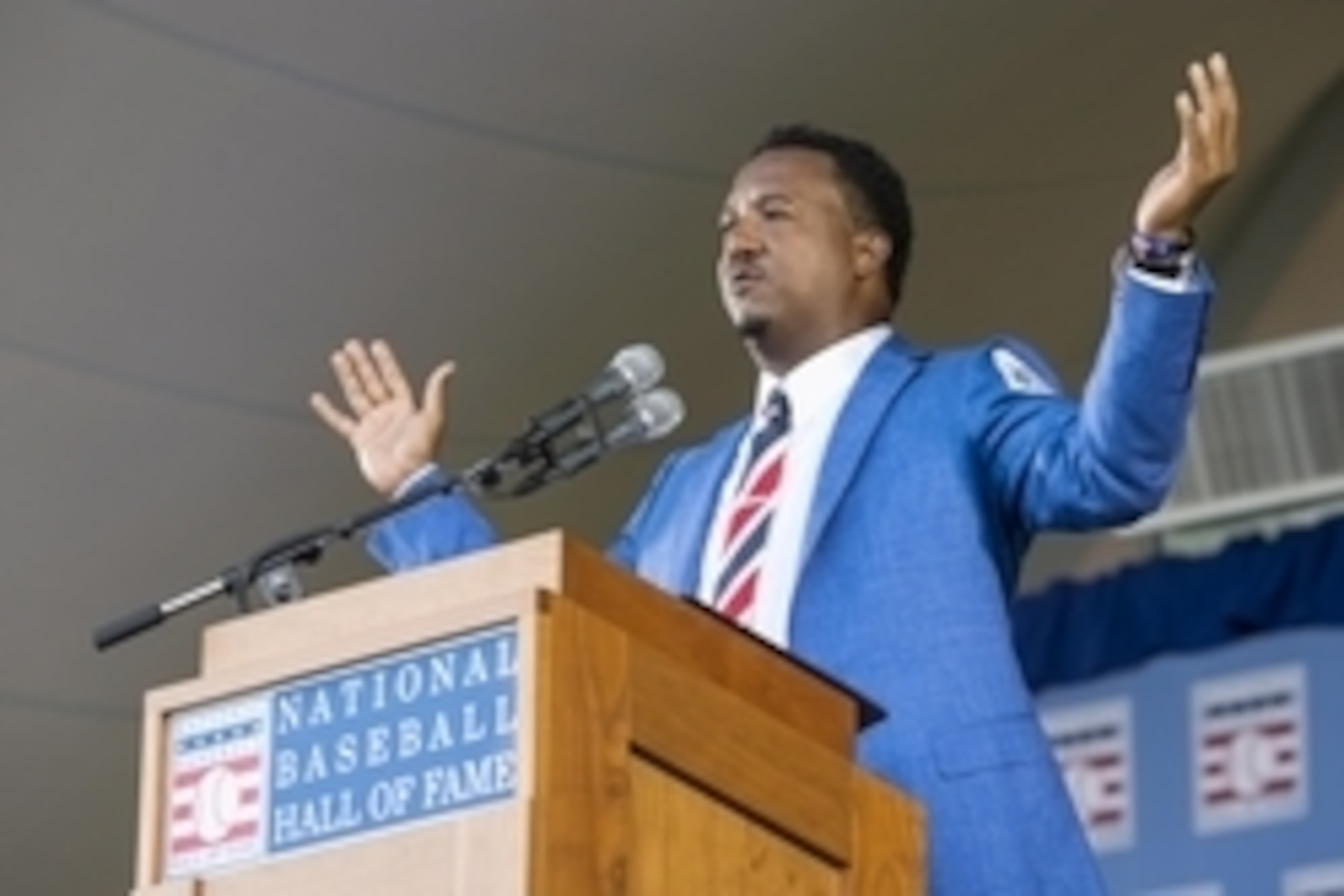 Jul 26, 2015; Cooperstown, NY, USA; Hall of Fame Inductee Pedro Martinez makes his acceptance speech during the Hall of Fame Induction Ceremonies at Clark Sports Center. Mandatory Credit: Gregory J. Fisher-USA TODAY Sports