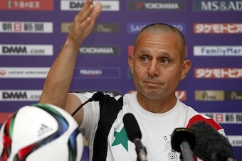 Syria's head coach Fajr Ibrahim holds a press conference in Muscat on October 7, 2015, on the eve of the 2018 FIFA World Cup qualifying football match between Japan and Syria. AFP PHOTO / MOHAMMED MAHJOUB        (Photo credit should read MOHAMMED MAHJOUB/