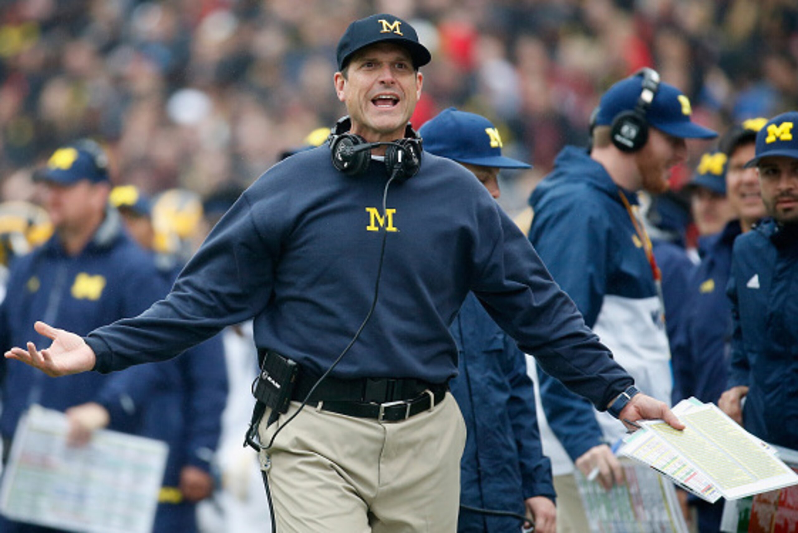 COLLEGE PARK, MD - OCTOBER 03:  Head coach Jim Harbaugh of the Michigan Wolverines reacts to a first half call against the Maryland Terrapins at Byrd Stadium on October 3, 2015 in College Park, Maryland.  (Photo by Rob Carr/Getty Images)