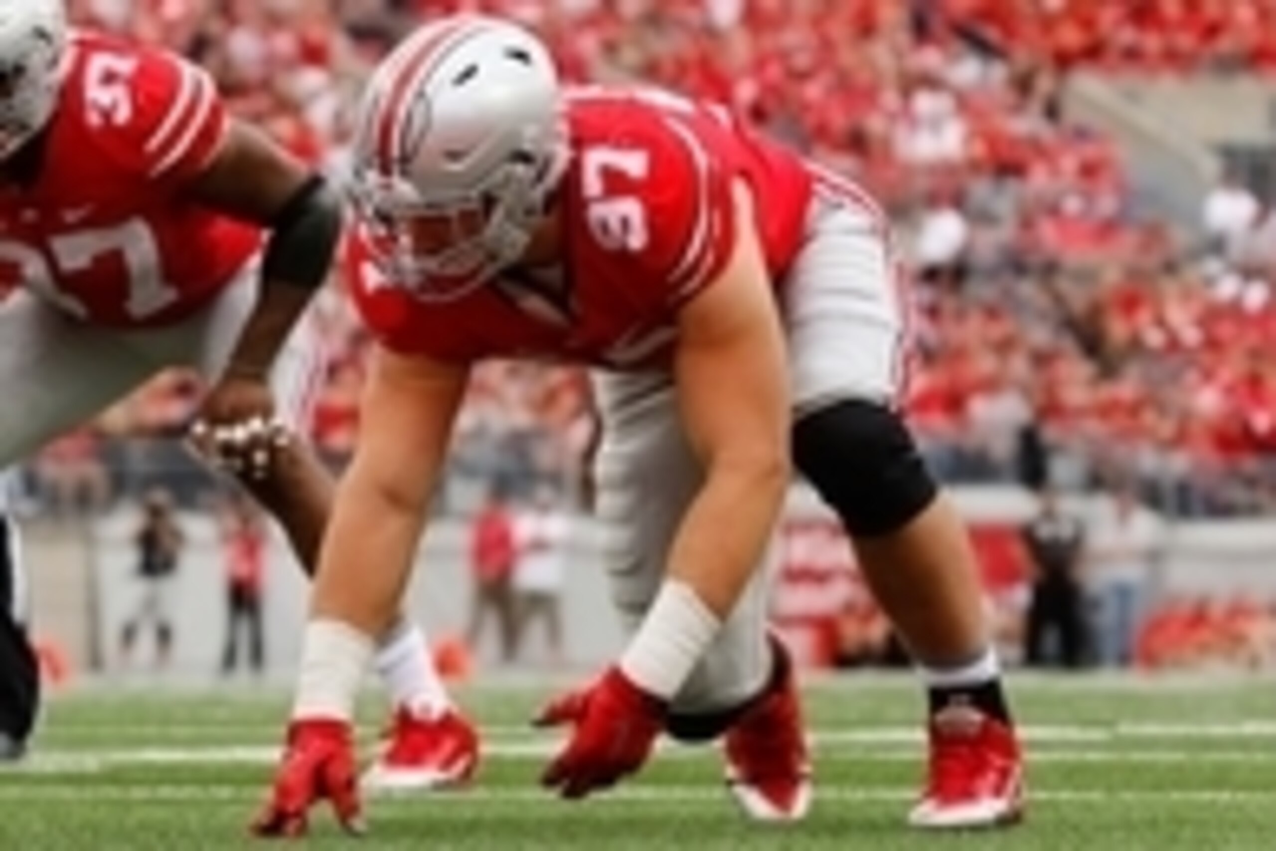 Sep 26, 2015; Columbus, OH, USA; Ohio State Buckeyes defensive lineman Joey Bosa (97) lines up versus the Western Michigan Broncos at Ohio Stadium. Ohio State won the game 38-12. Mandatory Credit: Joe Maiorana-USA TODAY Sports
