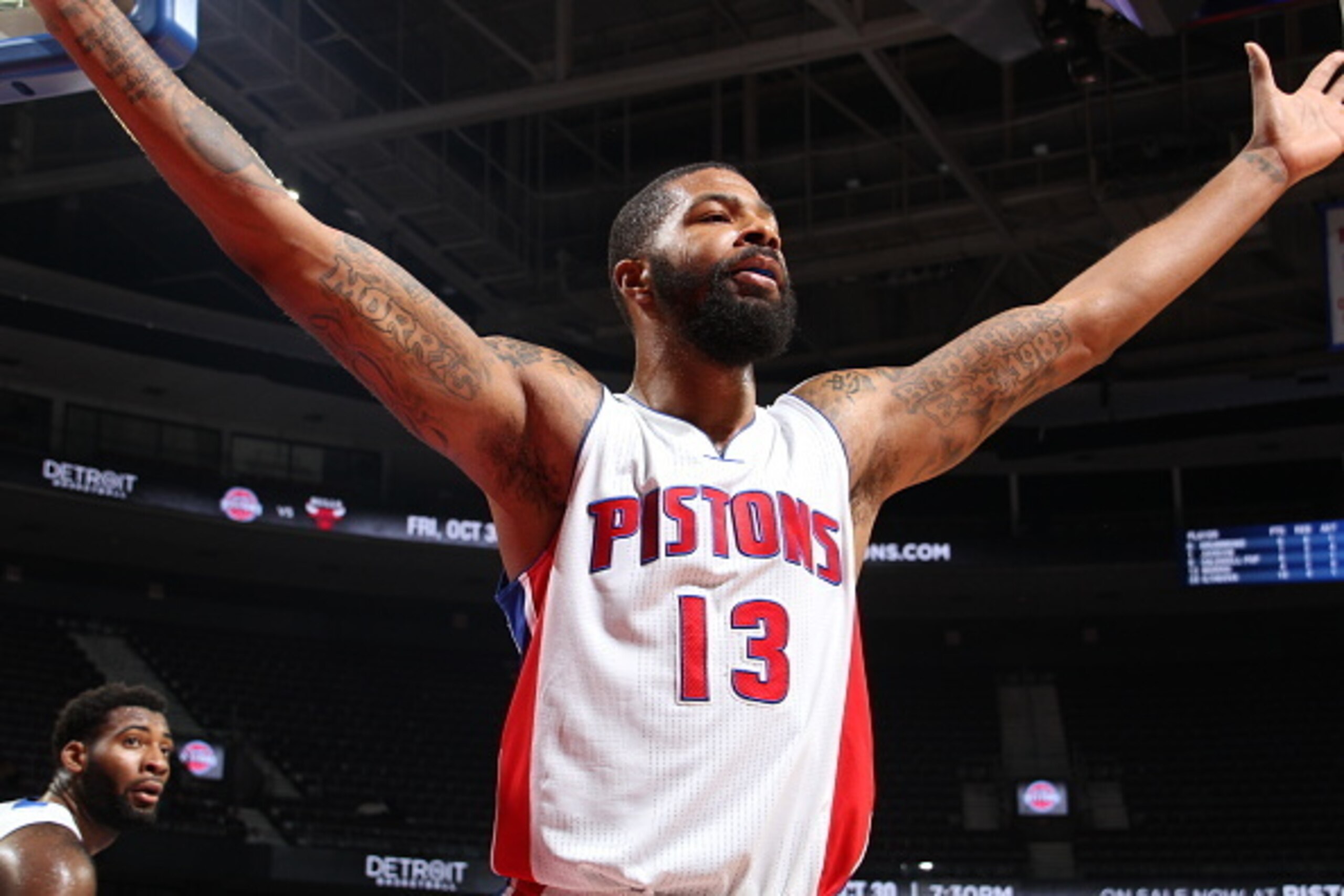 AUBURN HILLS, MI - OCTOBER 8: Marcus Morris #13 of the Detroit Pistons during the preseason game against the Brooklyn Nets on October 68 2015 at The Palace of Auburn Hills in Auburn Hills, Michigan. NOTE TO USER: User expressly acknowledges and agrees tha