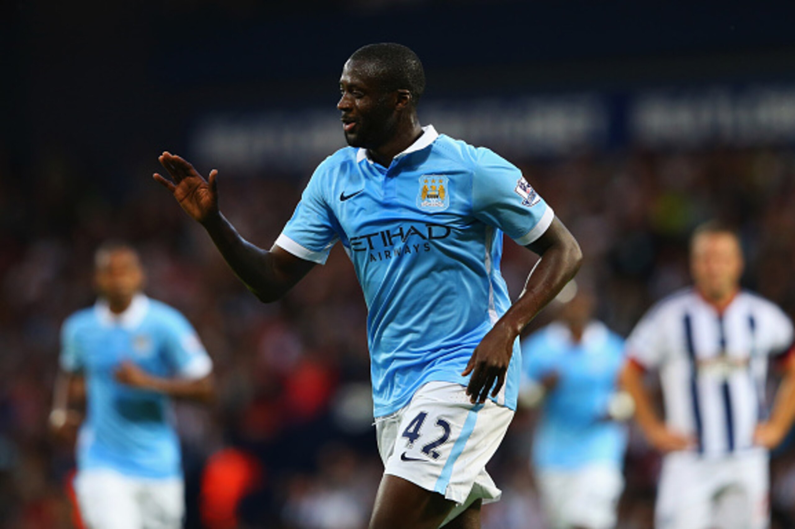 WEST BROMWICH, ENGLAND - AUGUST 10:  Yaya Toure of Manchester City celebrates as he scores their second goal during the Barclays Premier League match between West Bromwich Albion and Manchester City at The Hawthorns on August 10, 2015 in West Bromwich, En