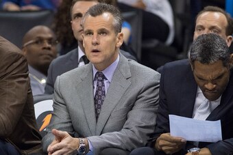 OKLAHOMA CITY, OK - OCTOBER 9: Head coach Billy Donovan of the Oklahoma City Thunder watches game action against Fenerbahce Ulcer during the second quarter of a NBA preseason game at the Chesapeake Energy Arena on October 9, 2015 in Oklahoma City, Oklahom