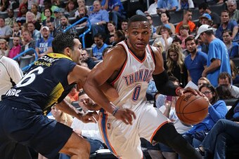 OKLAHOMA CITY, OK - OCTOBER 9:  Russell Westbrook #0 of the Oklahoma City Thunder drives to the basket against Fenerbahce during a preseason game on October 9, 2015 at Chesapeake Energy Arena in Oklahoma City, Oklahoma. NOTE TO USER: User expressly acknow