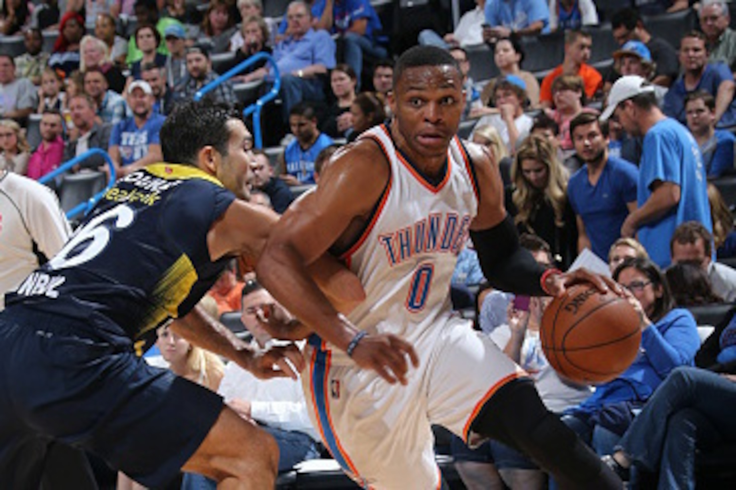OKLAHOMA CITY, OK - OCTOBER 9:  Russell Westbrook #0 of the Oklahoma City Thunder drives to the basket against Fenerbahce during a preseason game on October 9, 2015 at Chesapeake Energy Arena in Oklahoma City, Oklahoma. NOTE TO USER: User expressly acknow