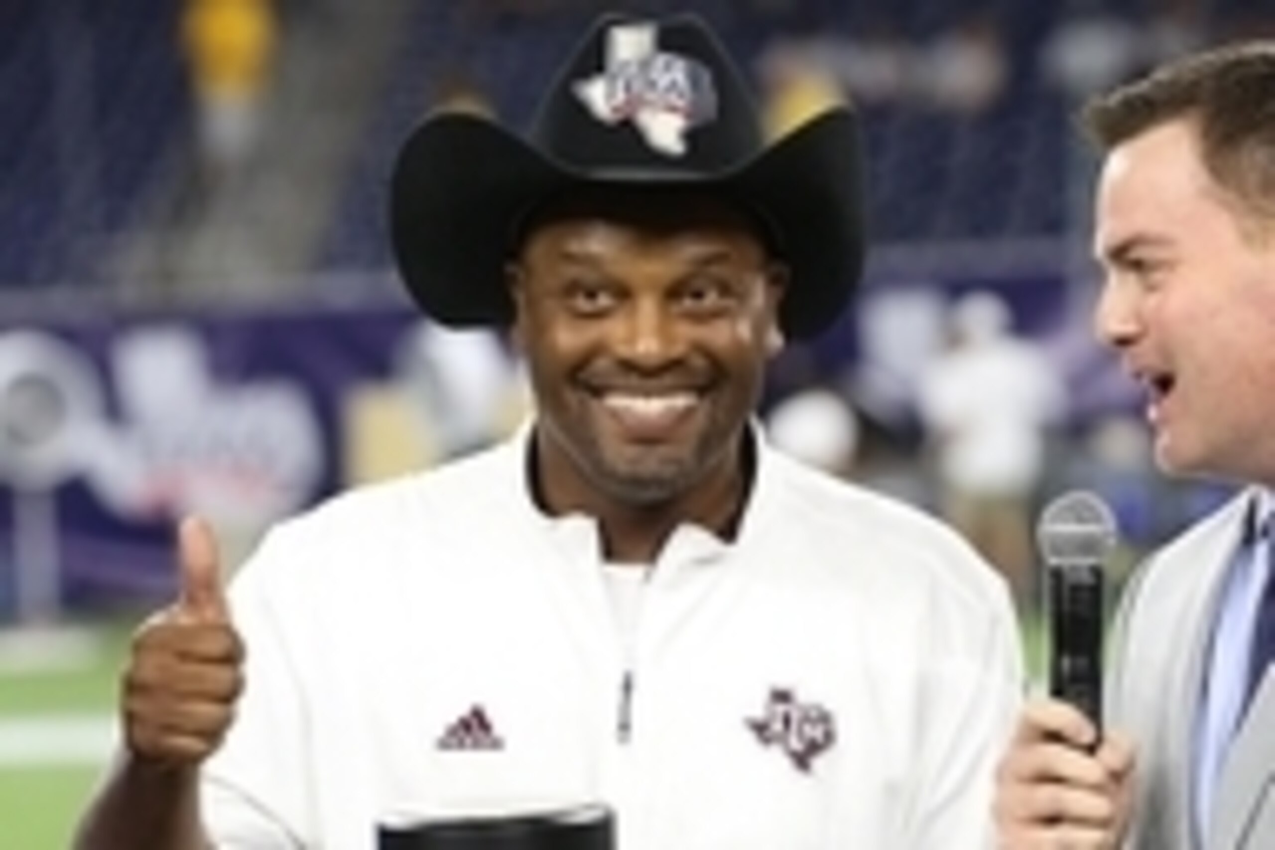 Sep 5, 2015; Houston, TX, USA; Texas A&M Aggies head coach Kevin Sumlin tries on the Advocare Texas Kickoff trophy after the Aggies defeated Arizona State Sun Devils at NRG Stadium. Aggies won 38 to 17. Mandatory Credit: Thomas B. Shea-USA TODAY Sports Sep 5, 2015; Houston, TX, USA; Texas A&M Aggies head coach Kevin Sumlin tries on the Advocare Texas Kickoff trophy after the Aggies defeated Arizona State Sun Devils at NRG Stadium. Aggies won 38 to 17. Mandatory Credit: Thomas B. Shea-USA TODAY Sports