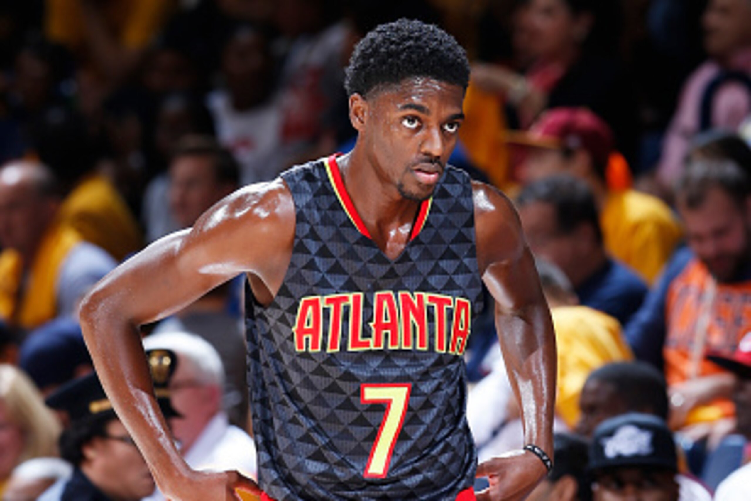 CINCINNATI, OH - OCTOBER 7: Justin Holiday #7 of the Atlanta Hawks looks on against the Cleveland Cavaliers during a preseason game at Cintas Center on October 7, 2015 in Cincinnati, Ohio. The Hawks defeated the Cavaliers 98-96. NOTE TO USER: User express