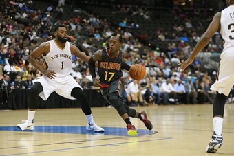 JACKSONVILLE, FL - OCTOBER 9:  Dennis Schroder #17 of the Atlanta Hawks handles the ball against the New Orleans Pelicans during a preseason game on October 9, 2015 at the Jacksonville Veterans Memorial Arena in Jacksonville, Florida. NOTE TO USER: User e