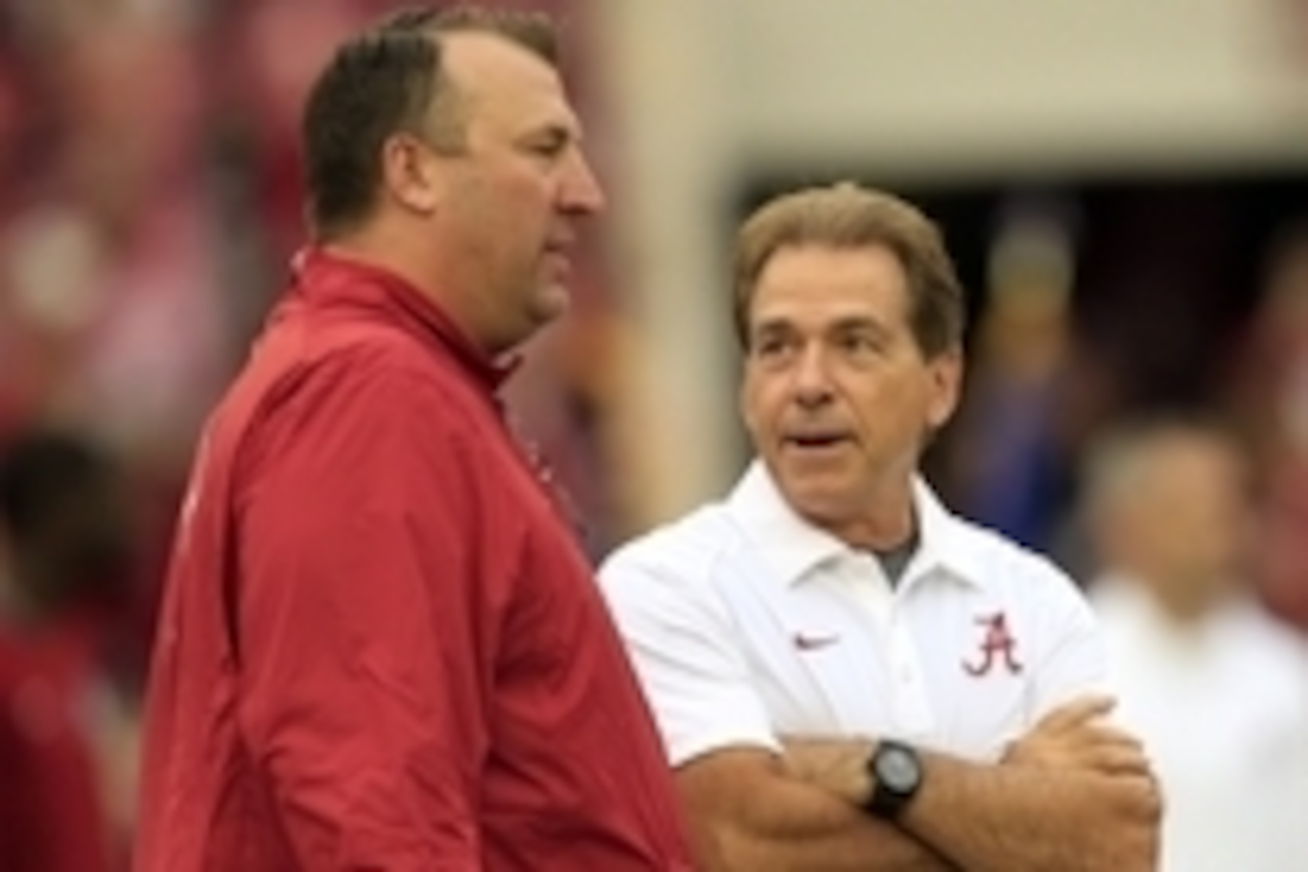 Oct 10, 2015; Tuscaloosa, AL, USA; Arkansas Razorbacks head coach Bret Bielema with Alabama Crimson Tide head coach Nick Saban talk during pre game warm ups before the game at Bryant-Denny Stadium. Mandatory Credit: Marvin Gentry-USA TODAY Sports Oct 10, 2015; Tuscaloosa, AL, USA; Arkansas Razorbacks head coach Bret Bielema with Alabama Crimson Tide head coach Nick Saban talk during pre game warm ups before the game at Bryant-Denny Stadium. Mandatory Credit: Marvin Gentry-USA TODAY Sports
