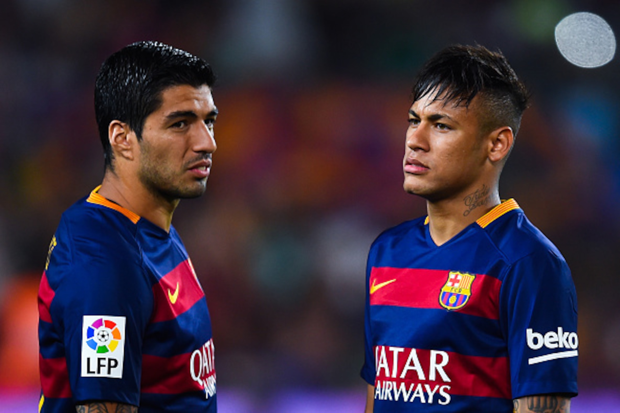 BARCELONA, SPAIN - AUGUST 05:  Luis Suarez (L) and Neymar of FC Barcelona look on during the Joan Gamper trophy match at Camp Nou on August 5, 2015 in Barcelona, Spain.  (Photo by David Ramos/Getty Images)