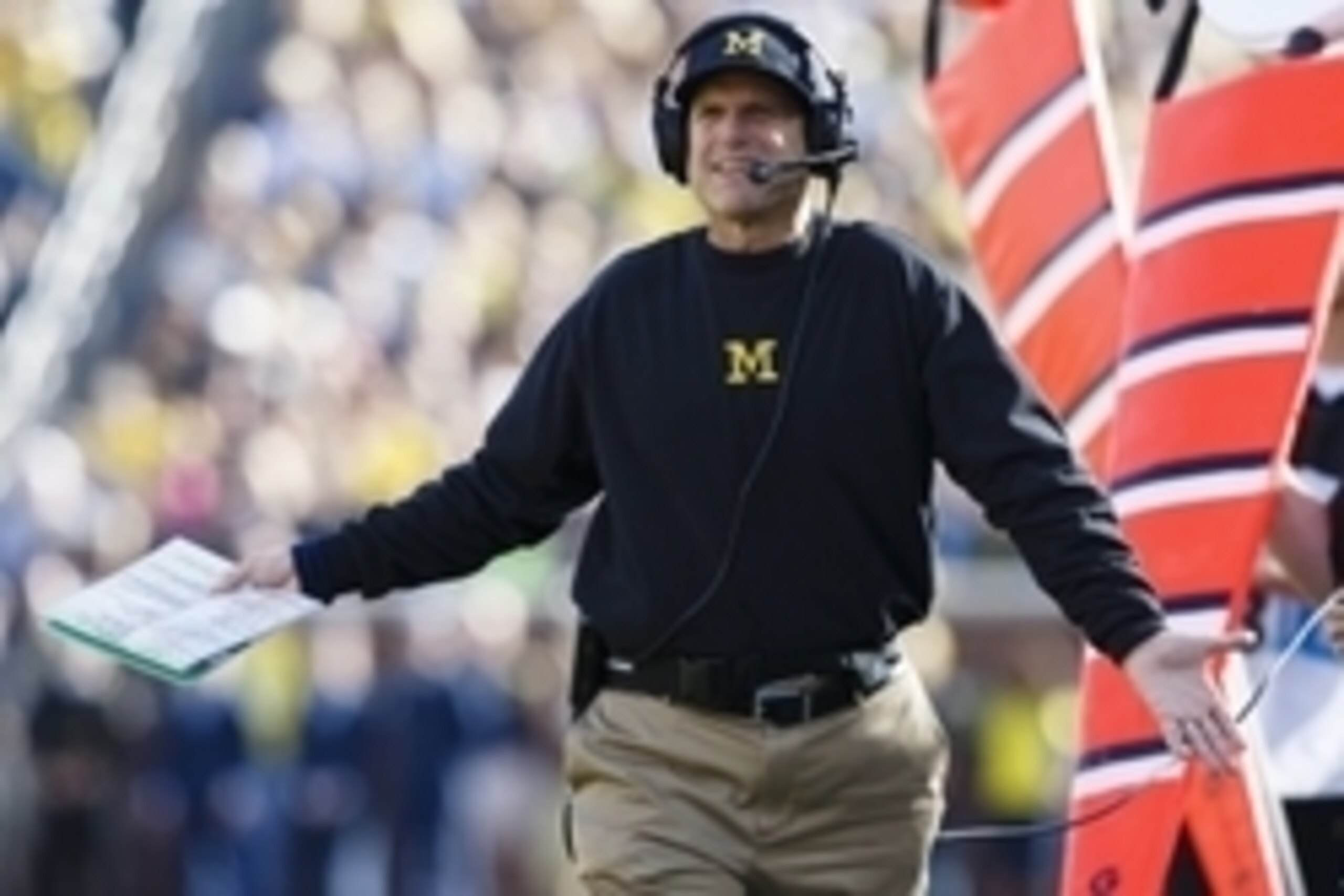 Oct 10, 2015; Ann Arbor, MI, USA; Michigan Wolverines head coach Jim Harbaugh reacts on the sideline in the first quarter against the Northwestern Wildcats at Michigan Stadium. Mandatory Credit: Rick Osentoski-USA TODAY Sports