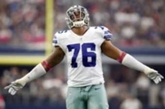 Oct 11, 2015; Arlington, TX, USA; Dallas Cowboys defensive end Greg Hardy (76) reacts up against the New England Patriots at AT&T Stadium. Mandatory Credit: Erich Schlegel-USA TODAY Sports