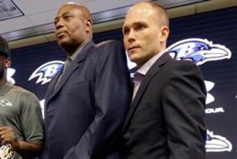 Eric DeCosta with Ravens general manager Ozzie Newsome