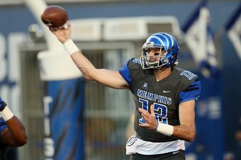 MEMPHIS, TN - SEPTEMBER 24: Paxton Lynch #12 of the Memphis Tigers throws against the Cincinnati Bearcats on September 24, 2015 at Liberty Bowl Memorial Stadium in Memphis, Tennessee. (Photo by Joe Murphy/Getty Images)
