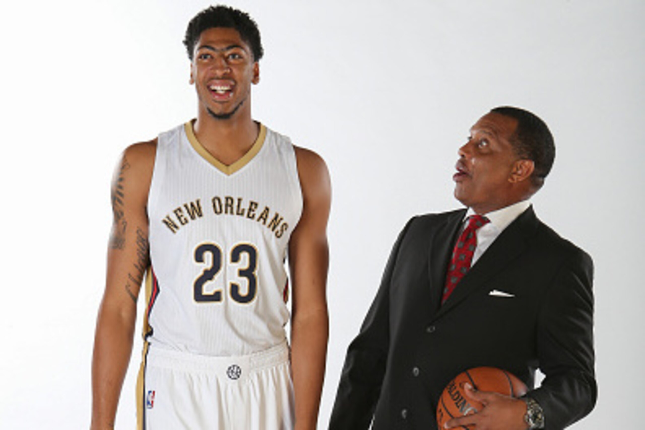 METAIRIE, LA - SEPTEMBER 28: Head Coach Alvin Gentry and Anthony Davis of the New Orleans Pelicans pose for photos during NBA Media Day on September 28, 2015 at the New Orleans Pelicans practice facility in Metairie, Louisiana. NOTE TO USER: User expressl