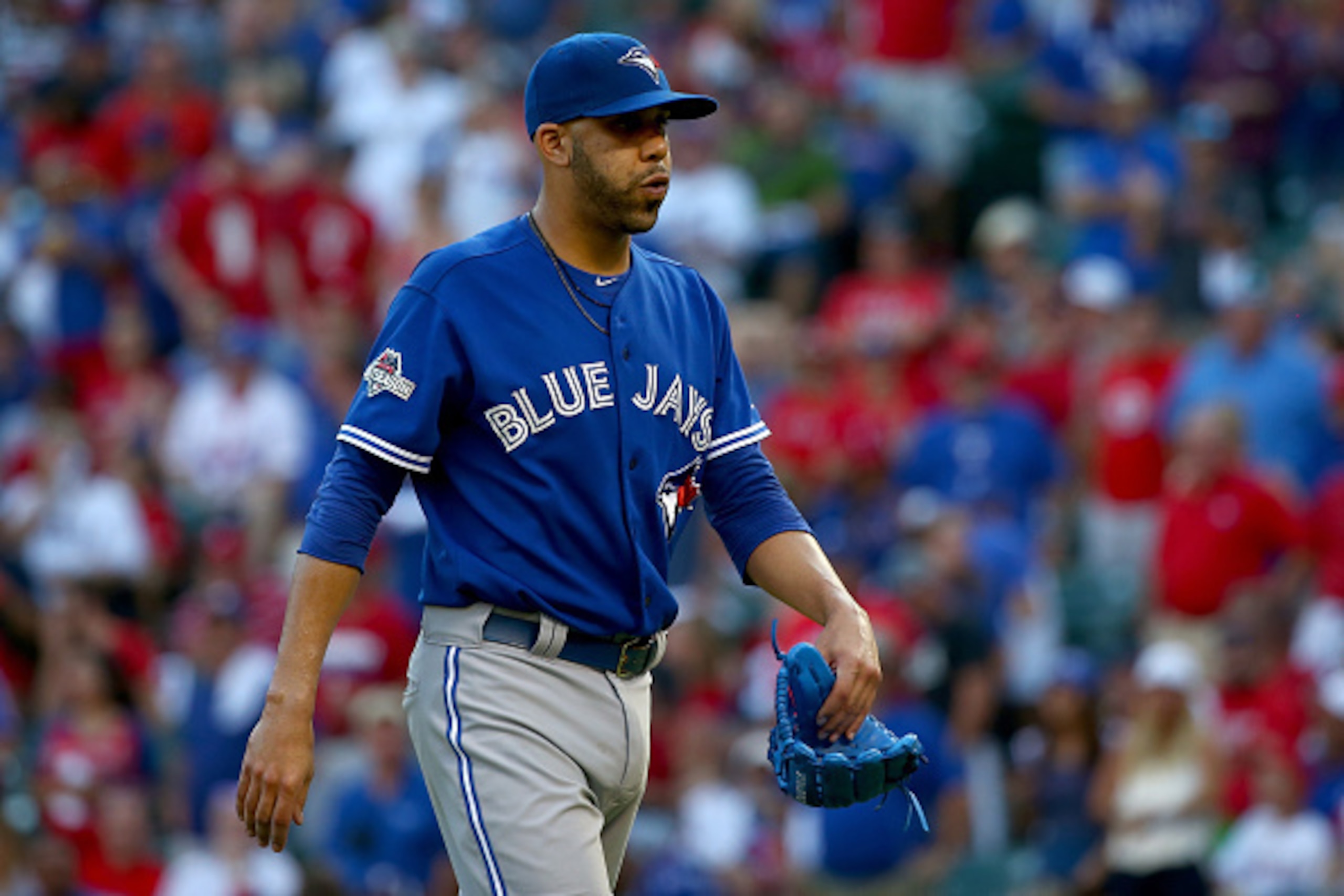ARLINGTON, TX - OCTOBER 12:  David Price #14 of the Toronto Blue Jays is taken out in the eighth inning against the Texas Rangers in game four of the American League Division Series at Globe Life Park in Arlington on October 12, 2015 in Arlington, Texas. 