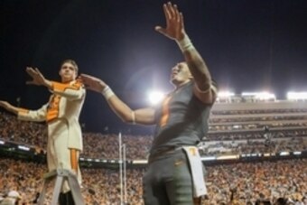 Oct 10, 2015; Knoxville, TN, USA; Tennessee Volunteers running back Jalen Hurd (1) directs the band after the game against the Georgia Bulldogs  at Neyland Stadium. Tennessee won 38 to 31. Mandatory Credit: Randy Sartin-USA TODAY Sports