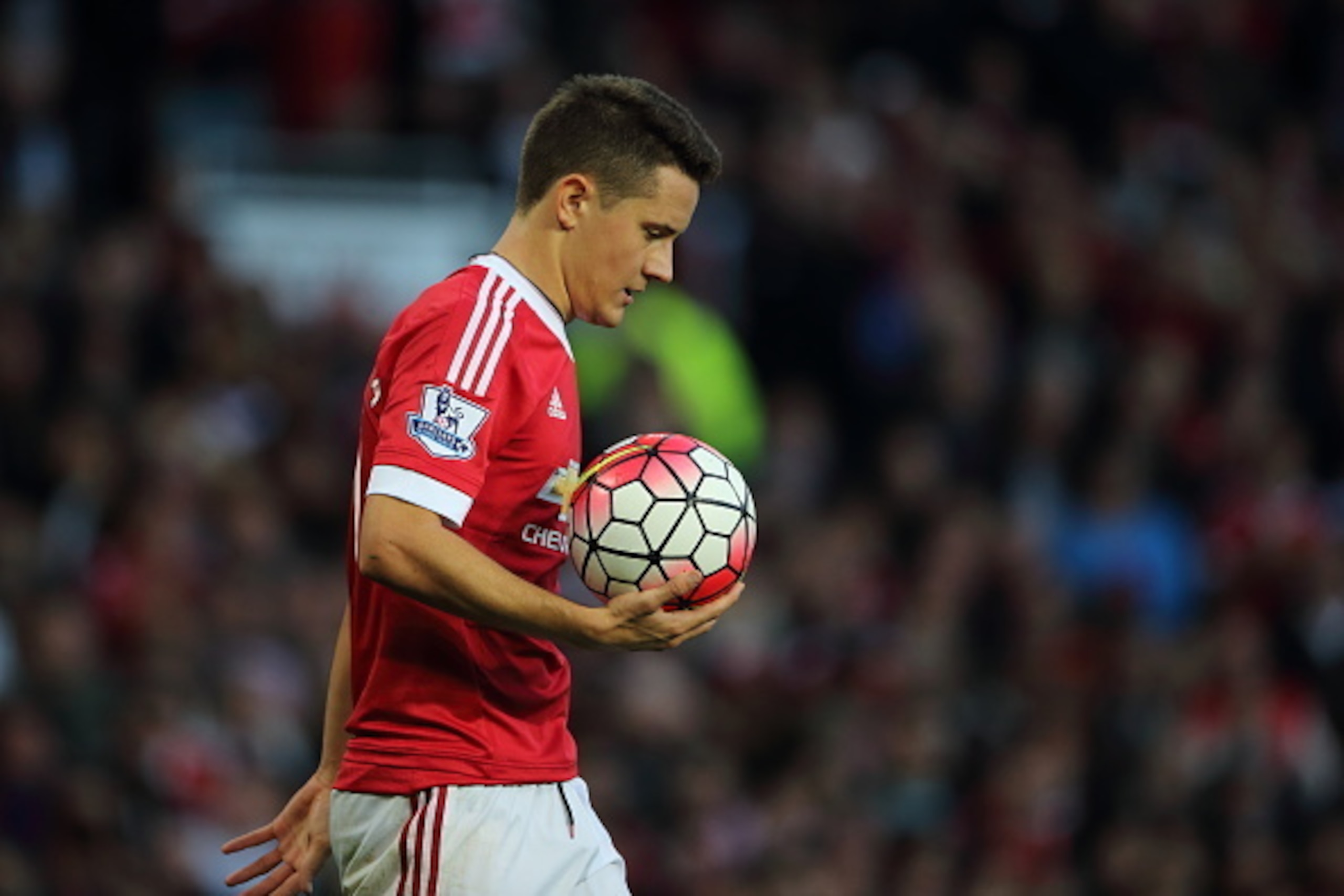 MANCHESTER, ENGLAND - SEPTEMBER 12:  Ander Herrera of Manchester United takes the ball before taking a penalty during the Barclays Premier League match between Manchester United and Liverpool on September 12, 2015 in Manchester, United Kingdom.  (Photo by