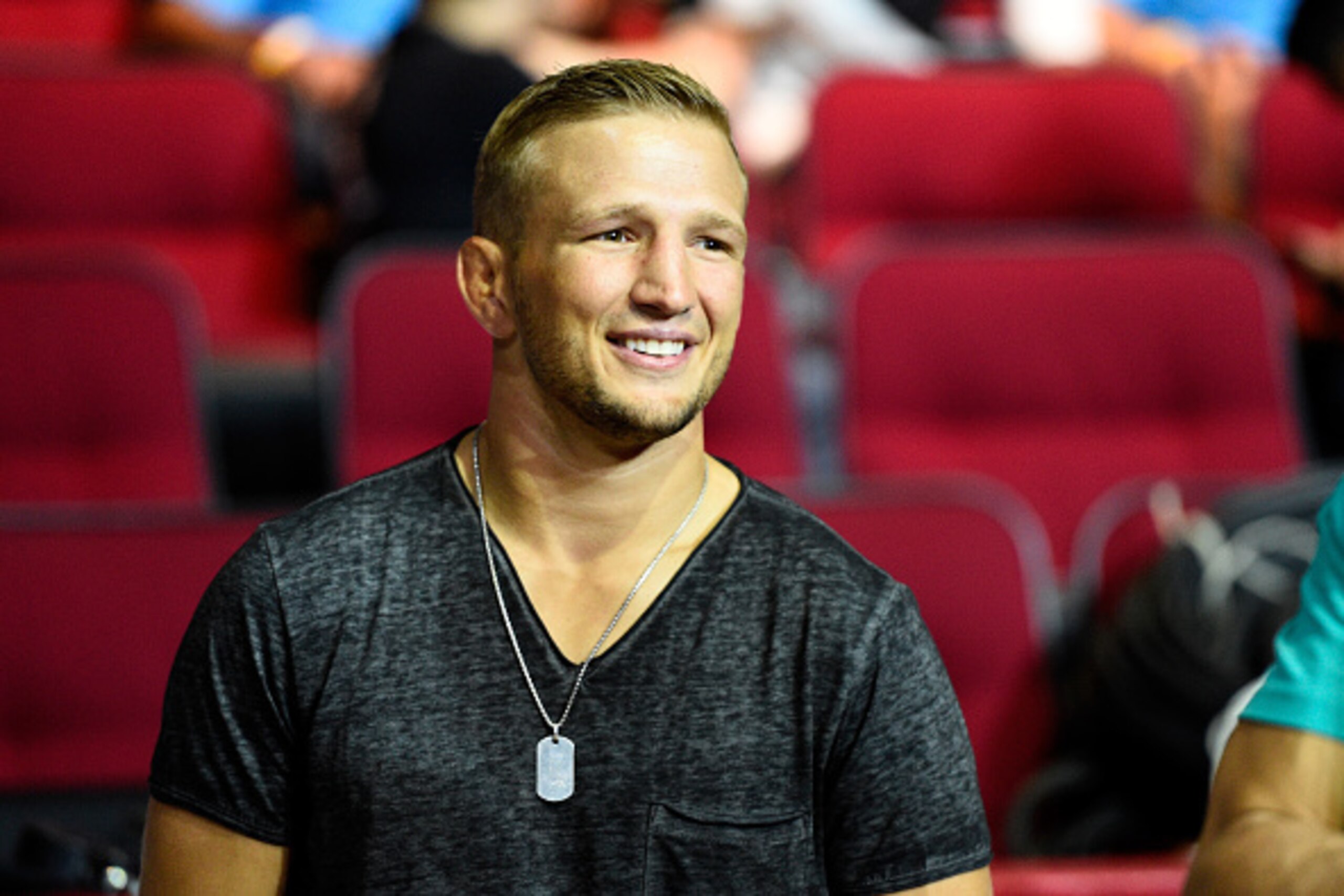 HOUSTON, TX - OCTOBER 02:  UFC bantamweight champion TJ Dillashaw waits backstage during the UFC 192 weigh-in at the Toyota Center on October 2, 2015 in Houston, Texas. (Photo by Jeff Bottari/Zuffa LLC/Zuffa LLC via Getty Images)