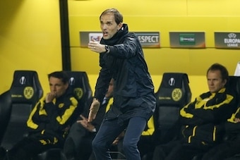 Dortmund's head coach Thomas Tuchel gestures during the UEFA Europa League Group C football match between Borussia Dortmund and FC Krasnodar in Dortmund, western Germany, on September 17, 2015. Dortmund won the match 2-1. AFP PHOTO / NORBERT SCHMIDT      