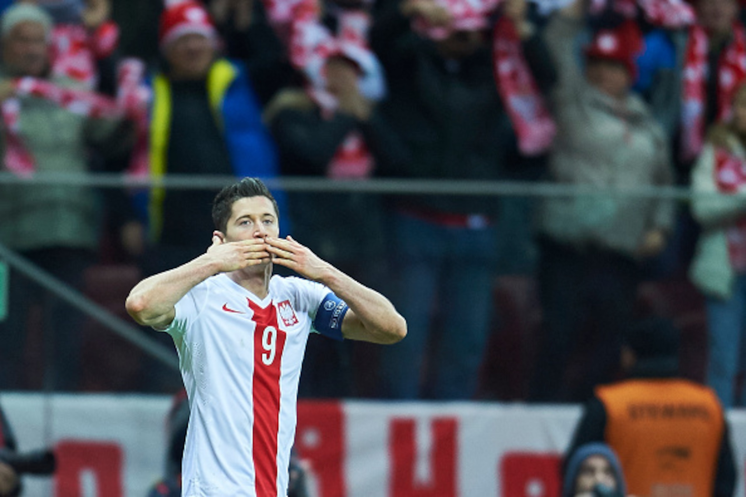 WARSAW, POLAND - OCTOBER 11: Robert Lewandowski from Poland celebrates after scoring during the UEFA EURO 2016 qualifying match between Poland and Republic of Ireland at National Stadium on October 11, 2015 in Warsaw, Poland. (Photo by Adam Nurkiewicz/Get