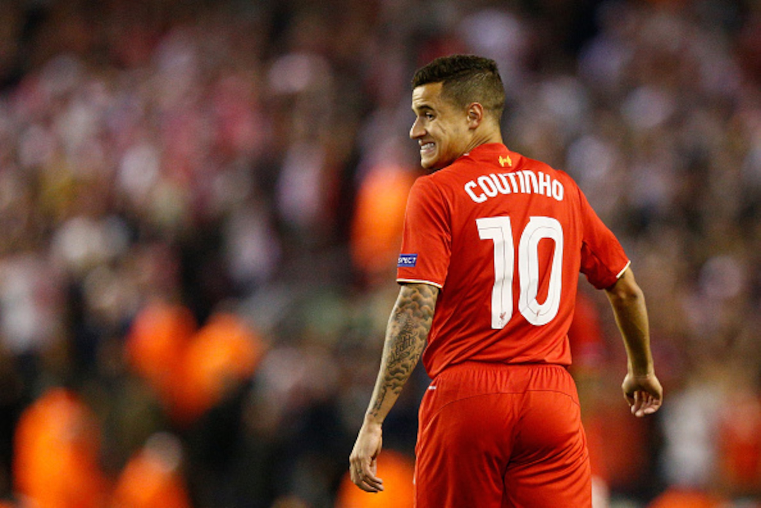 LIVERPOOL, ENGLAND - OCTOBER 01: Philippe Coutinho of Liverpool reacts during the UEFA Europa League group B match between Liverpool FC and FC Sion at Anfield on October 1, 2015 in Liverpool, United Kingdom. (Photo by Dean Mouhtaropoulos/Getty Images) LIVERPOOL, ENGLAND - OCTOBER 01: Philippe Coutinho of Liverpool reacts during the UEFA Europa League group B match between Liverpool FC and FC Sion at Anfield on October 1, 2015 in Liverpool, United Kingdom. (Photo by Dean Mouhtaropoulos/Getty Images)