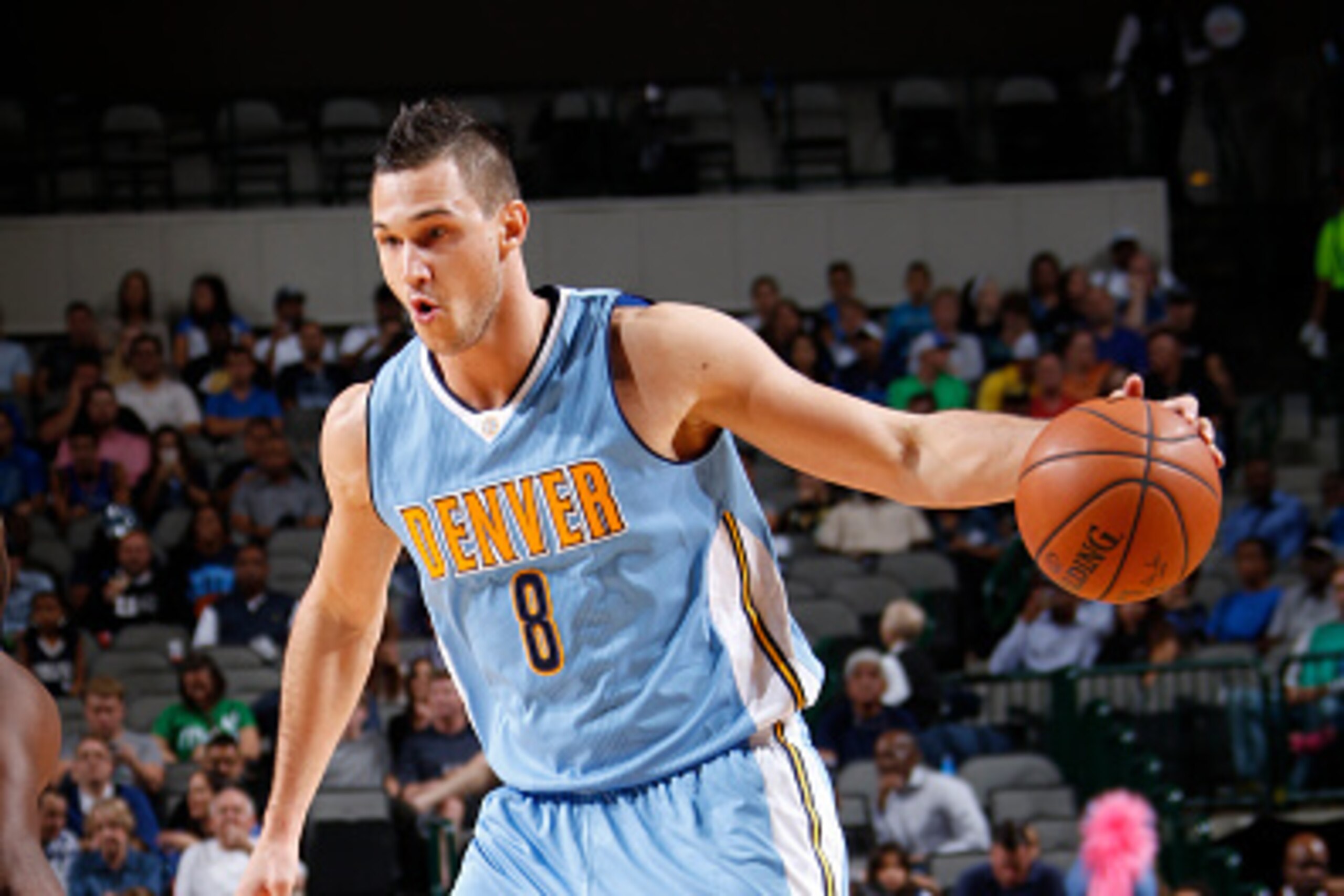 DALLAS, TX - OCTOBER 6:  Danilo Gallinari #8 of the Denver Nuggets dribbles the ball against the Dallas Mavericks during a preseason game on October 6, 2015 at the American Airlines Center in Dallas, Texas. NOTE TO USER: User expressly acknowledges and ag