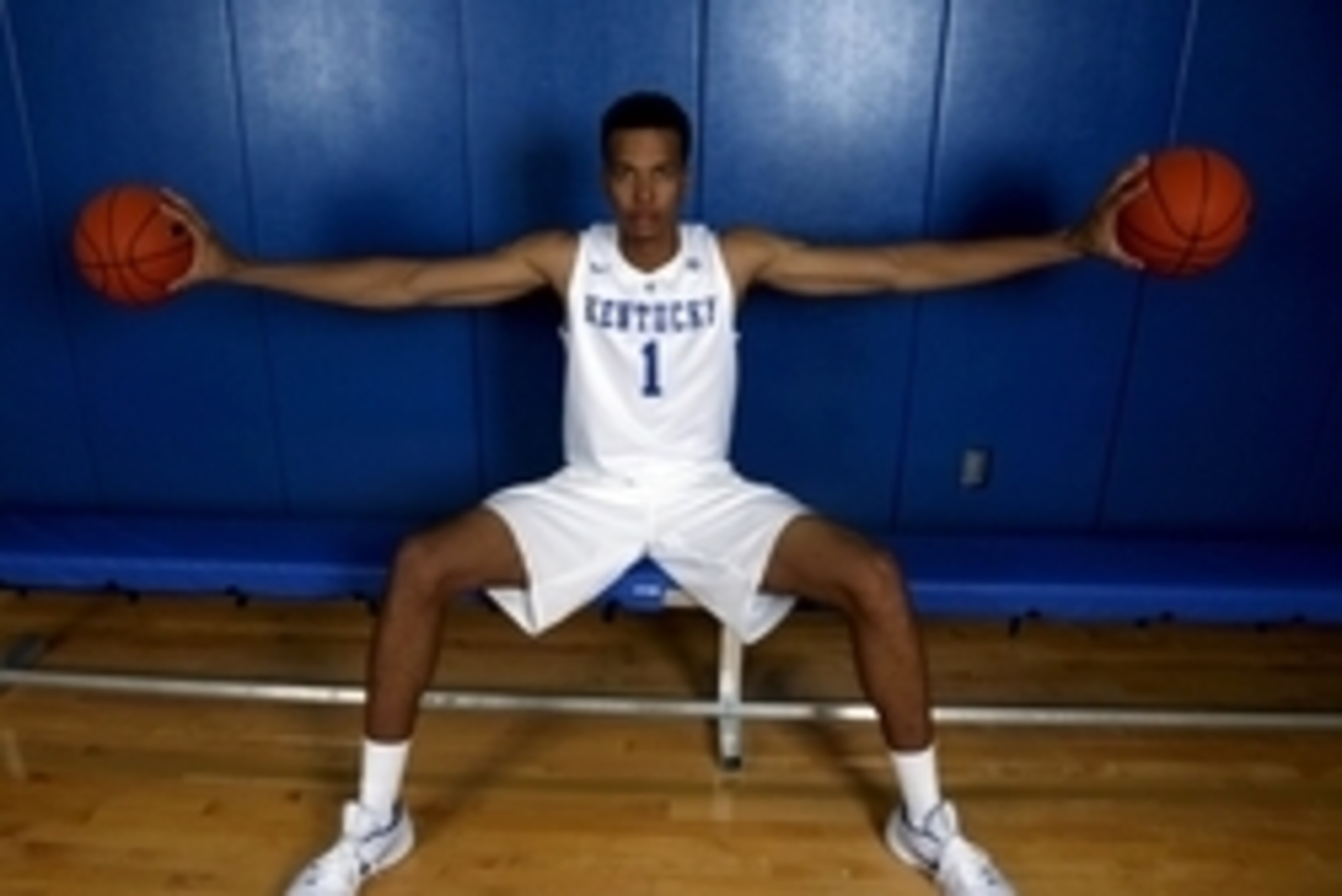 Sep 24, 2015; Lexington, KY, USA; Kentucky Wildcats forward Skal Labissiere (1) holds up two balls during Kentucky photo day at Memorial Coliseum. Mandatory Credit: Mark Zerof-USA TODAY Sports