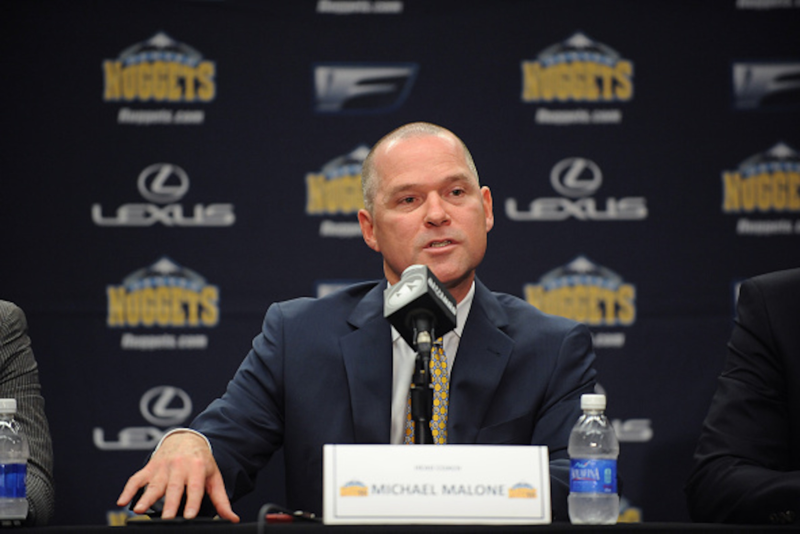 DENVER, CO - JUNE 16:  The Denver Nuggets introduce their new head coach Mike Malone on June 16, 2015 at the Pepsi Center in Denver, Colorado. NOTE TO USER: User expressly acknowledges and agrees that, by downloading and/or using this Photograph, user is 