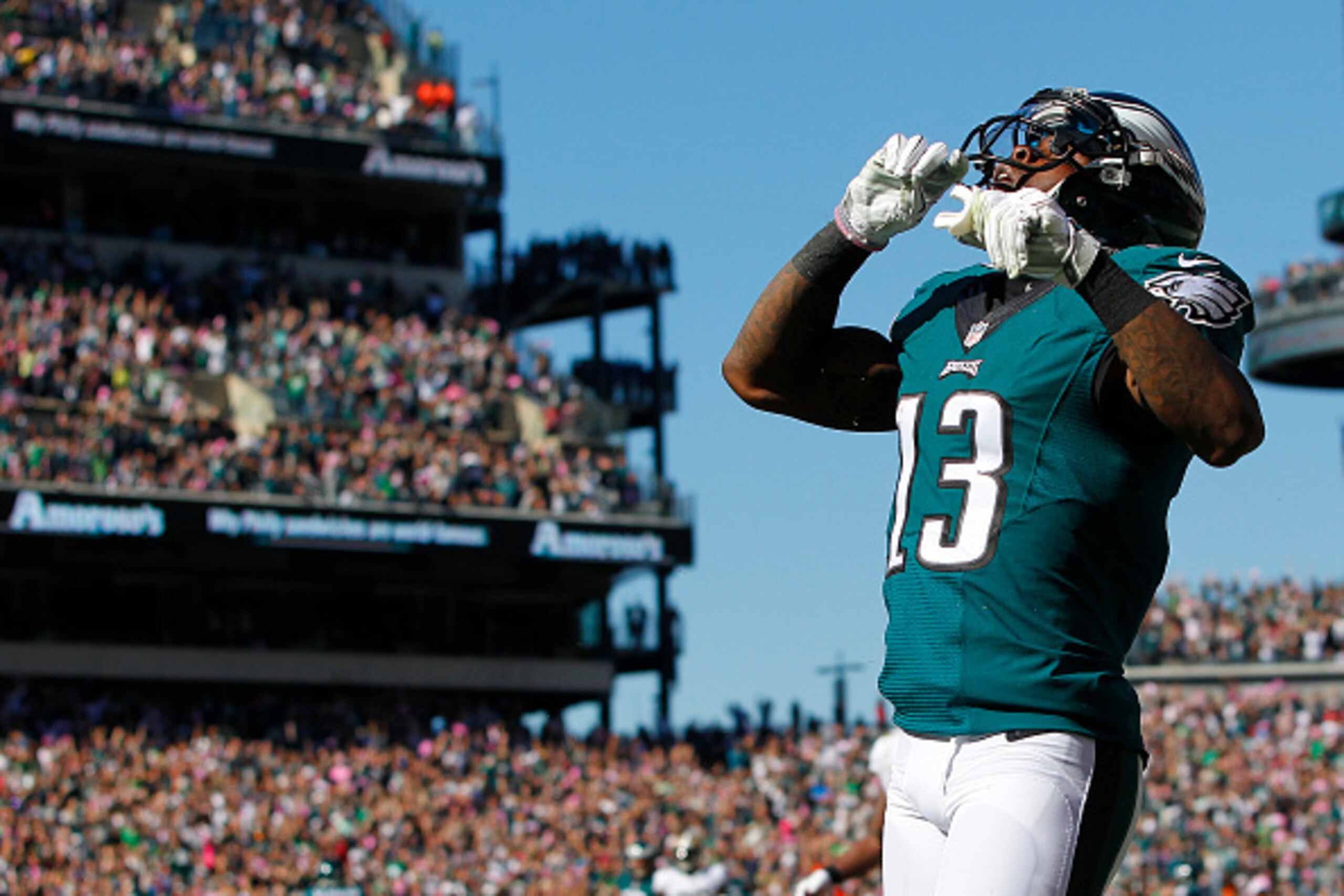 PHILADELPHIA, PA - OCTOBER 11: Wide receiver Josh Huff #13 celebrates his touchdown after making a catch against the New Orleans Saints in the second quarter during a game at Lincoln Financial Field on October 11, 2015 in Philadelphia, Pennsylvania. (Phot