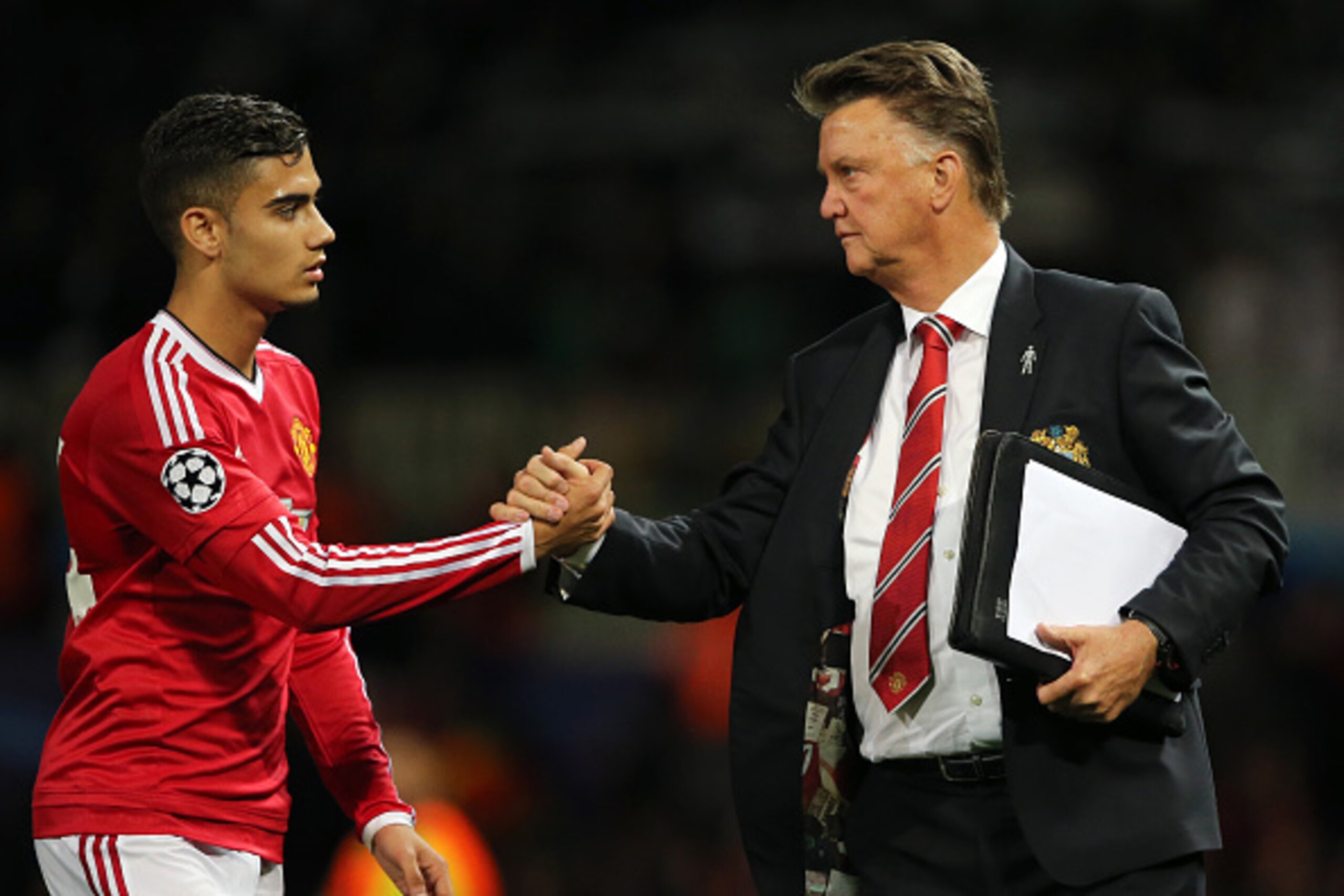 MANCHESTER, ENGLAND - SEPTEMBER 30: Andreas Pereira of Manchester United and Louis van Gaal the head coach / manager of Manchester United during the UEFA Champions League match between Manchester United and Wolfsburg at Old Trafford on September 30, 2015 MANCHESTER, ENGLAND - SEPTEMBER 30: Andreas Pereira of Manchester United and Louis van Gaal the head coach / manager of Manchester United during the UEFA Champions League match between Manchester United and Wolfsburg at Old Trafford on September 30, 2015