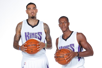 SACRAMENTO, CA - SEPTEMBER 28:  Willie Cauley-Stein #0 and Rajon Rondo #9 of the Sacramento Kings pose for a photo on media day September 28, 2015 at the Kings practice facility in Sacramento, California. NOTE TO USER: User expressly acknowledges and agre