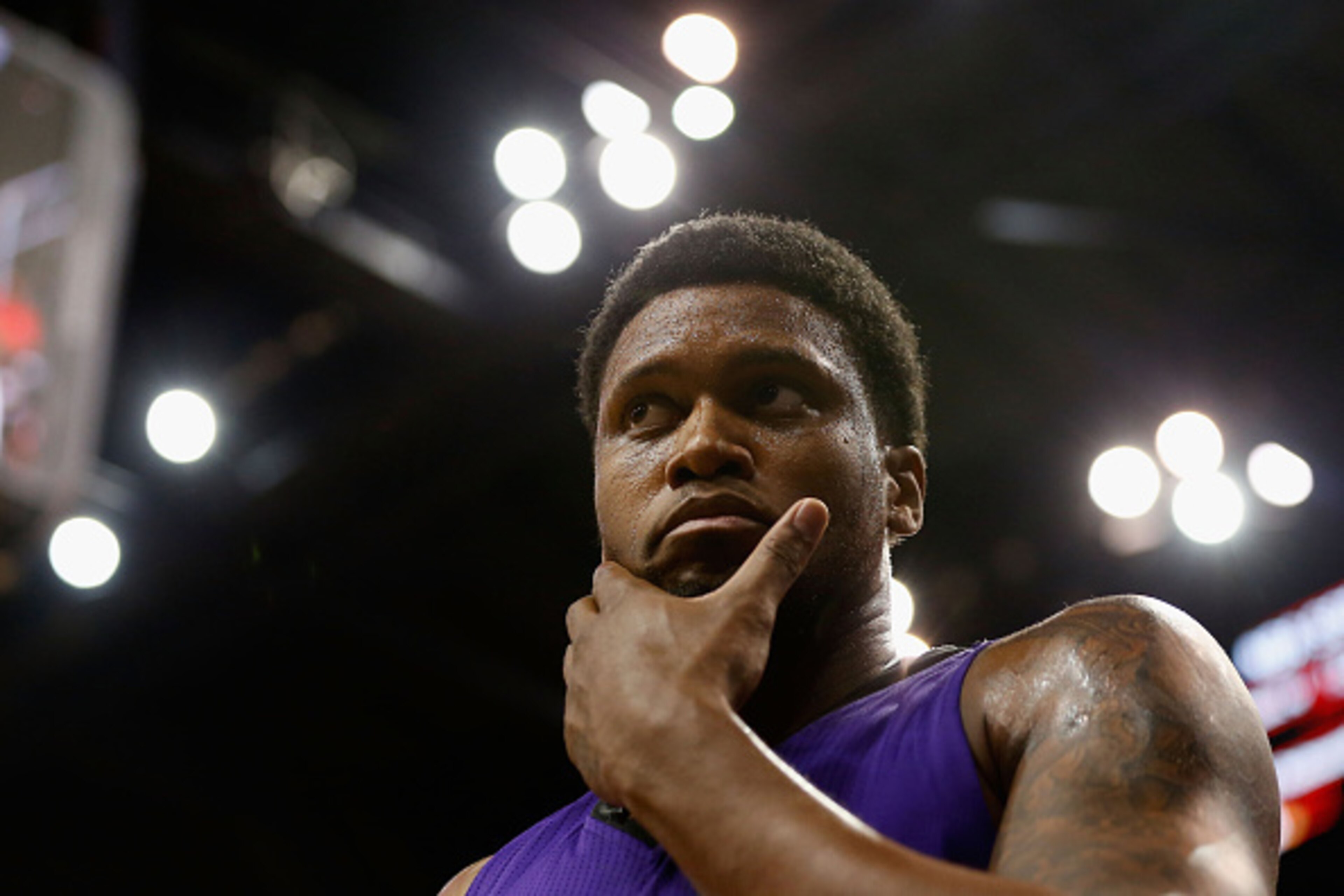 PHOENIX, AZ - OCTOBER 07: Rudy Gay #8 of the Sacramento Kings during the preseason NBA game against the Phoenix Suns at Talking Stick Resort Arena on October 7, 2015 in Phoenix, Arizona. The Suns defeated the Kings 102-98. NOTE TO USER: User expressly a PHOENIX, AZ - OCTOBER 07: Rudy Gay #8 of the Sacramento Kings during the preseason NBA game against the Phoenix Suns at Talking Stick Resort Arena on October 7, 2015 in Phoenix, Arizona. The Suns defeated the Kings 102-98. NOTE TO USER: User expressly a