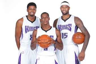 SACRAMENTO, CA - SEPTEMBER 28:  Rudy Gay #8, Rajon Rondo #9 and DeMarcus Cousins #15 of the Sacramento Kings pose for a photo on media day September 28, 2015 at the Kings practice facility in Sacramento, California. NOTE TO USER: User expressly acknowledg