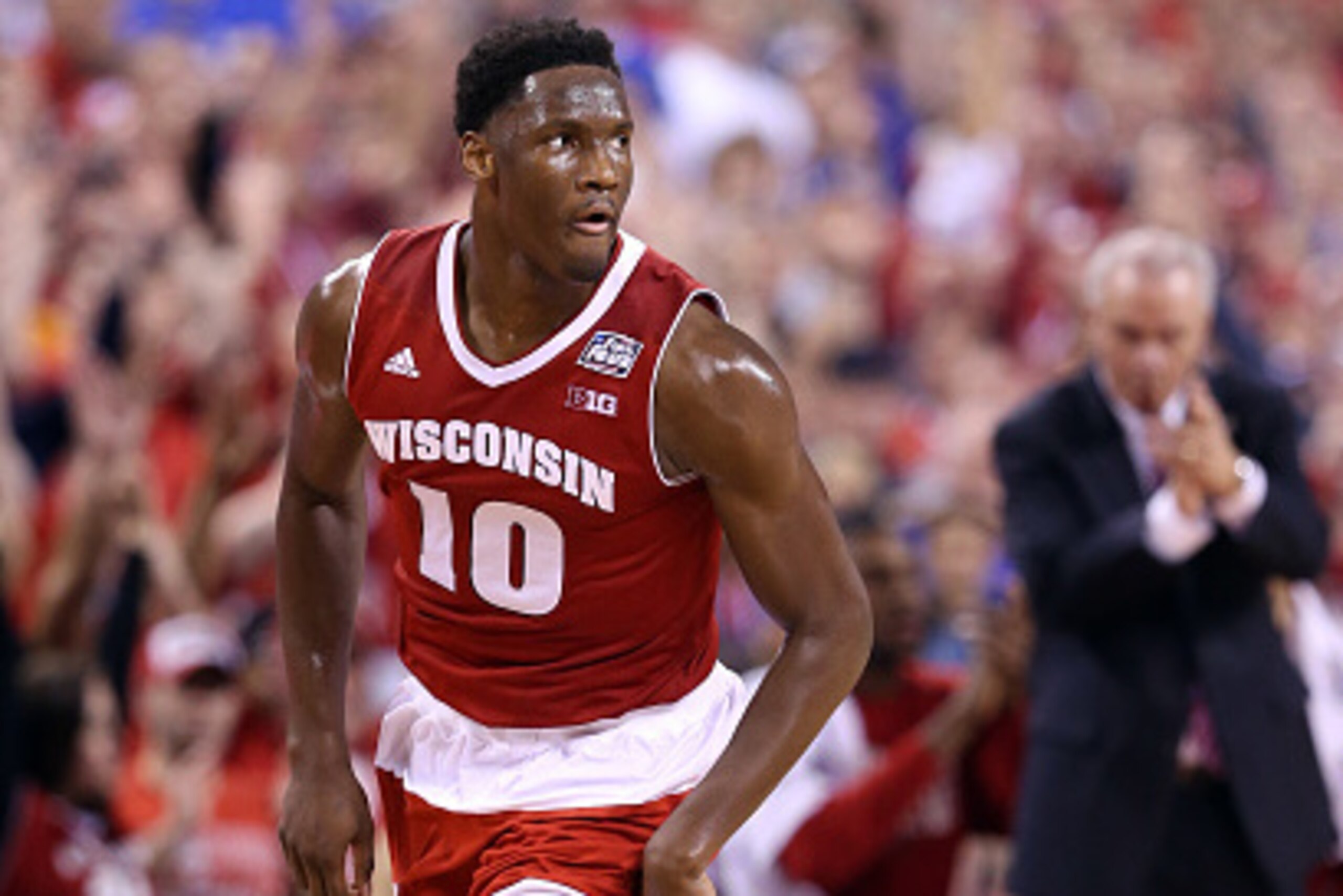 INDIANAPOLIS, IN - APRIL 06: Nigel Hayes #10 of the Wisconsin Badgers runs up court after a play in the second half against the Duke Blue Devils during the NCAA Men's Final Four National Championship at Lucas Oil Stadium on April 6, 2015 in Indianapolis, 