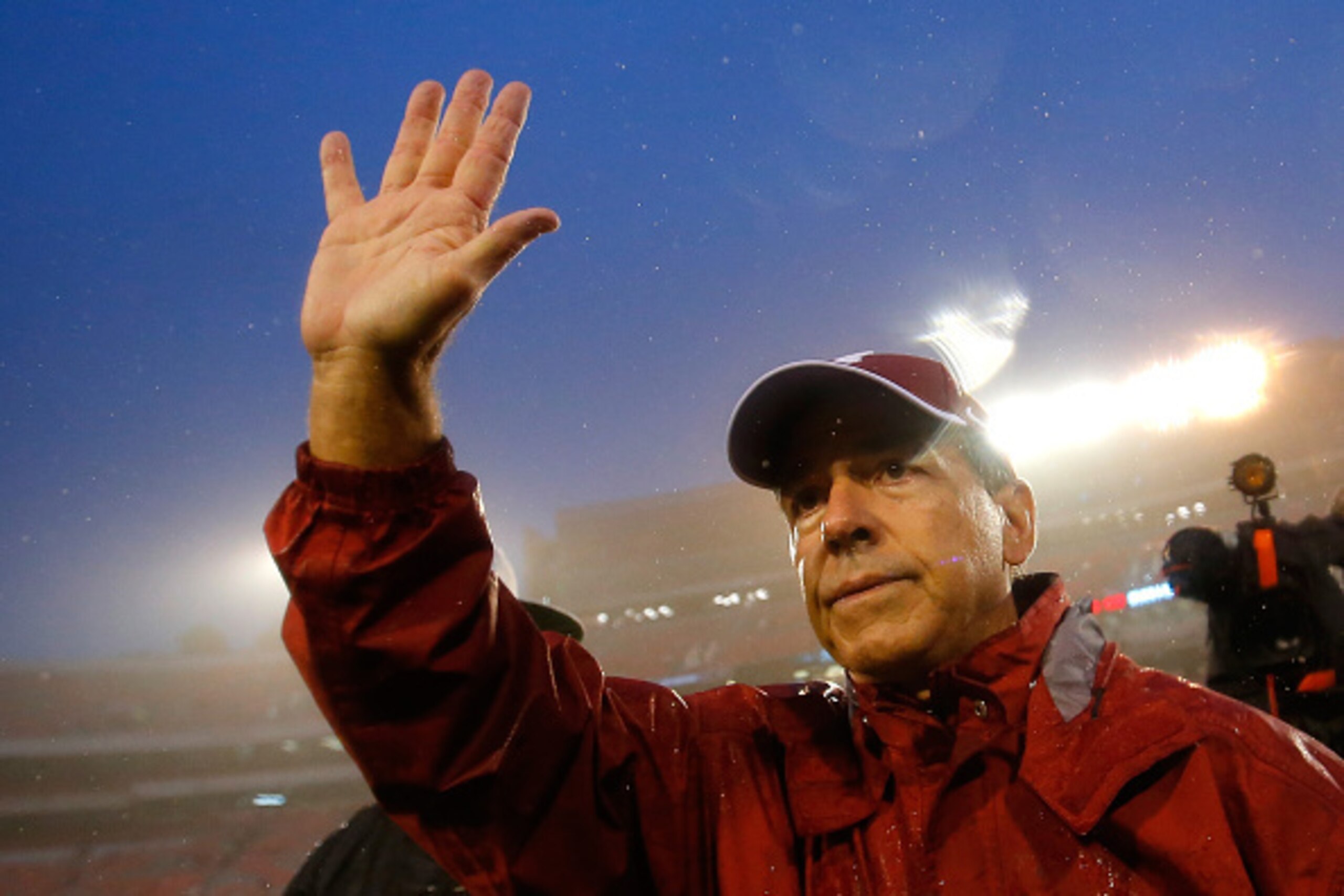 ATHENS, GA - OCTOBER 03:  Head coach Nick Saban of the Alabama Crimson Tide reacts towards the fans after their 38-10 win over the Georgia Bulldogs at Sanford Stadium on October 3, 2015 in Athens, Georgia.  (Photo by Kevin C. Cox/Getty Images)