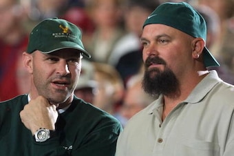 31 Mar 2001:  Major League Baseball players and Michigan State alum's David Wells (right) and Kirk Gibson watch their team take on Arizona during the semifinal of the Men's NCAA Basketball Final Four tournament at the Metrodome in Minneapolis, Minnesota. 