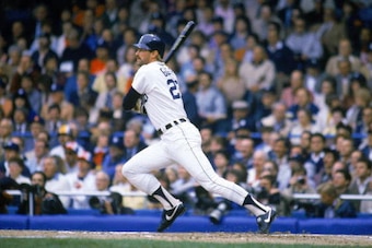 UNDATED:  Kirk Gibson #23 of the Detroit Tigers makes a hit during a season game. Kirk Gibson played for the  Detroit Tigers 1974-1987, Los Angeles Dodgers from 1988-1990, Kansas City Royals 1991, Pittsburgh Pirates 1992 then Detroit Tigers 1993-1995. (Ph