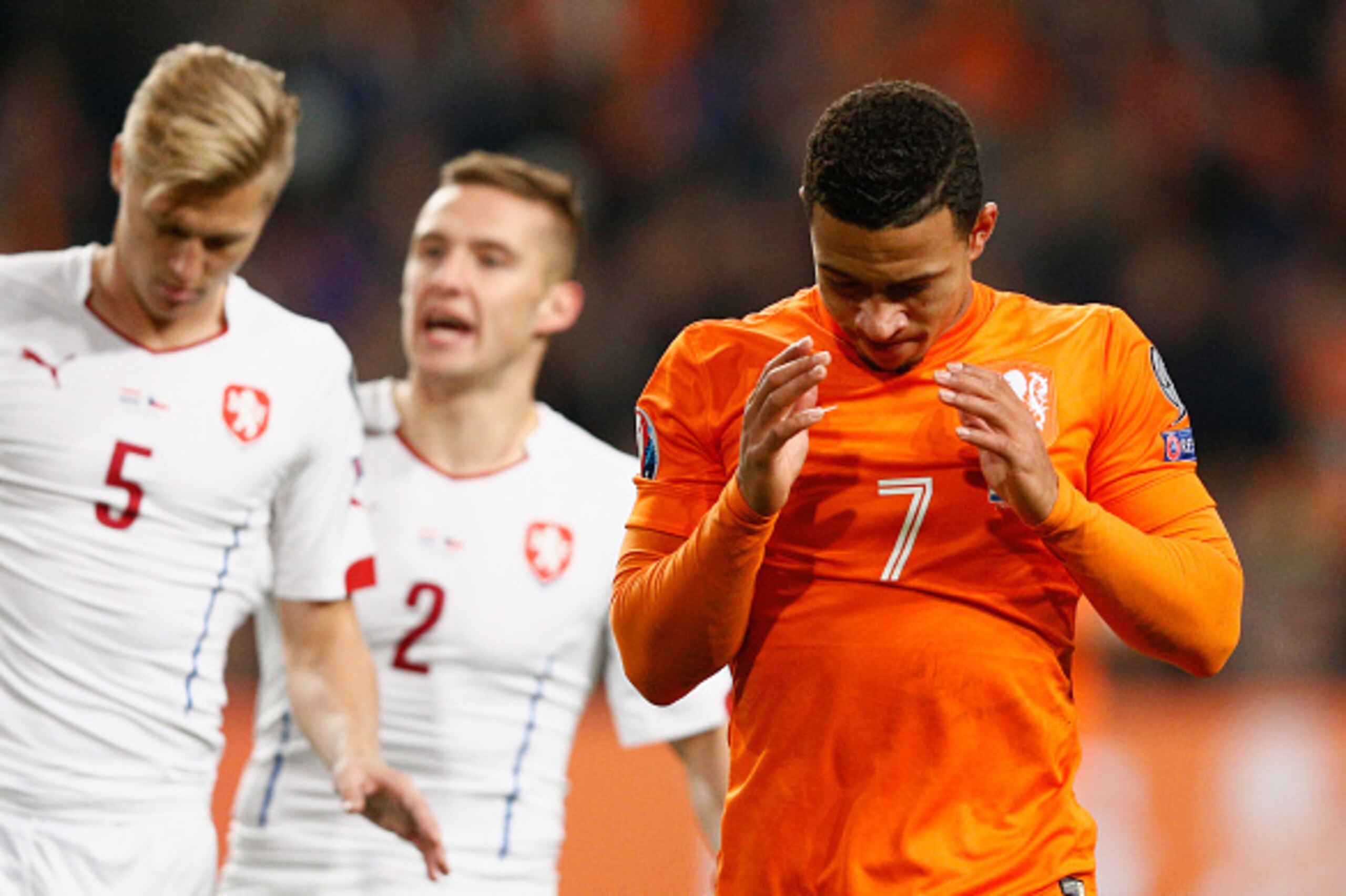 AMSTERDAM, NETHERLANDS - OCTOBER 13:  Memphis Depay of the Netherlands reacts during the UEFA EURO 2016 qualifying Group A match between the Netherlands and the Czech Republic at Amsterdam Arena on October 13, 2015 in Amsterdam, Netherlands.  (Photo by De