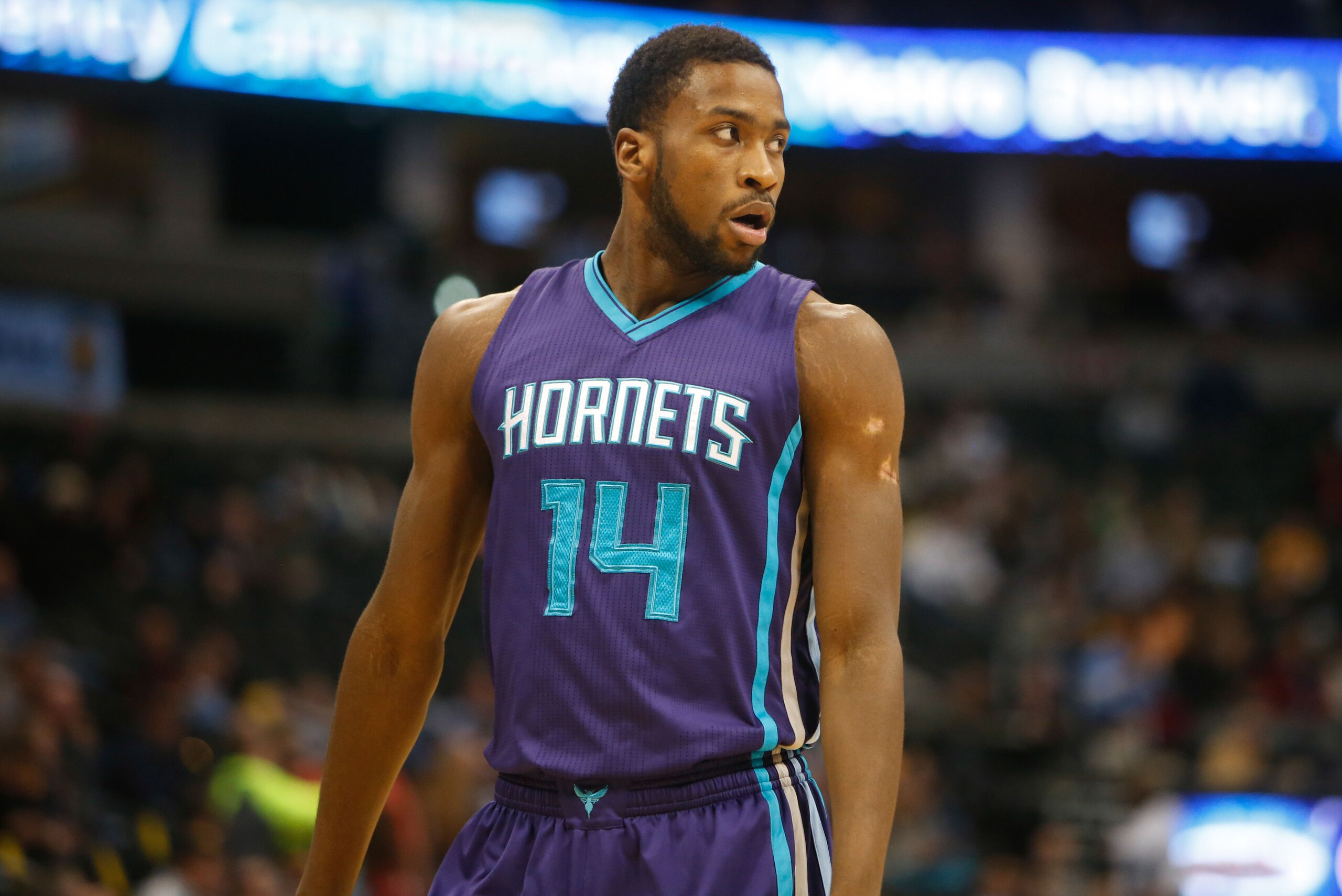 Jan 31, 2015; Denver, CO, USA; Charlotte Hornets forward Michael Kidd-Gilchrist (14) during the game against the Denver Nuggets at Pepsi Center. Mandatory Credit: Chris Humphreys-USA TODAY Sports