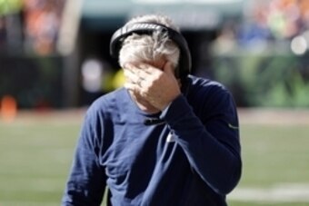 Oct 11, 2015; Cincinnati, OH, USA; Seattle Seahawks head coach Pete Carroll reacts on the sidelines in the second half against the Cincinnati Bengals at Paul Brown Stadium. The Bengals won 27-24. Mandatory Credit: Aaron Doster-USA TODAY Sports