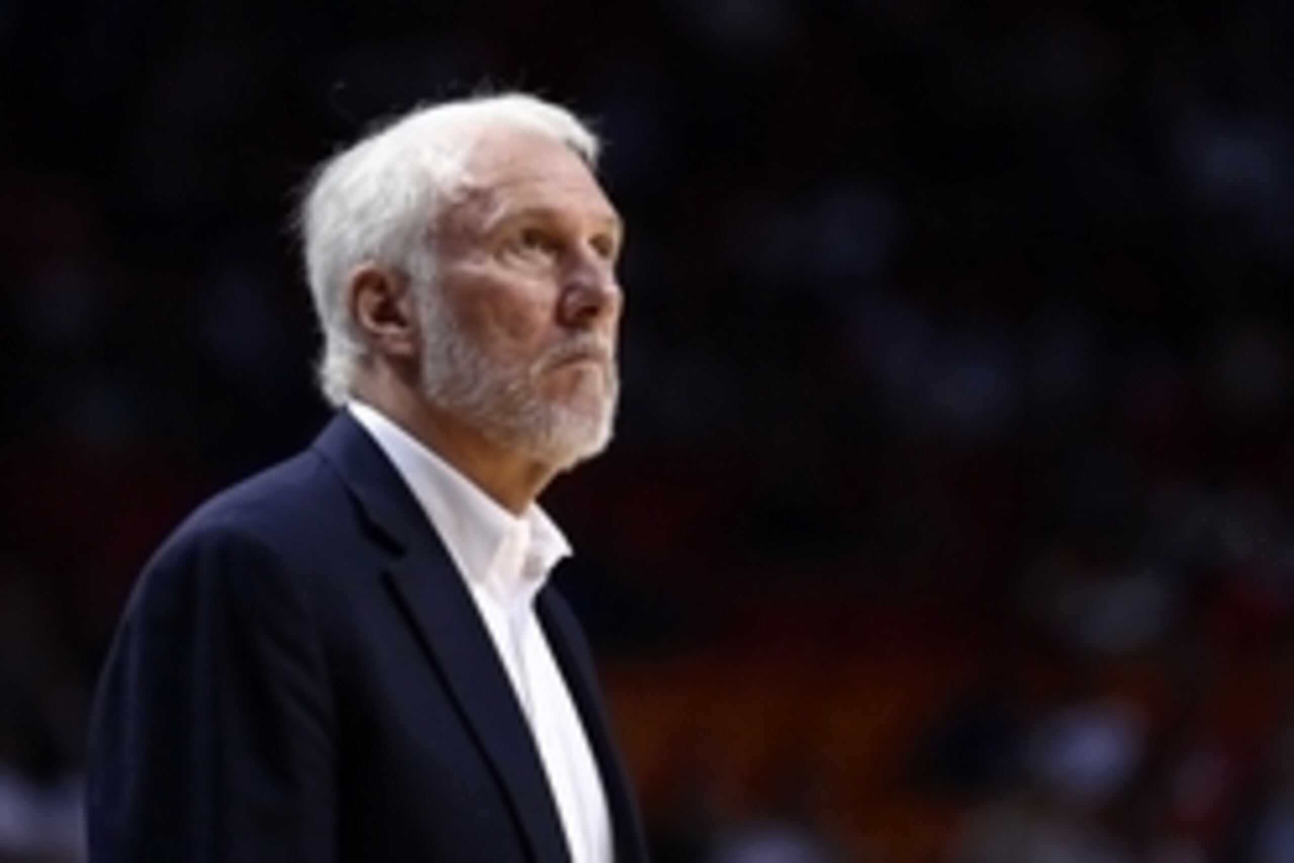 Oct 12, 2015; Miami, FL, USA; San Antonio Spurs head coach Gregg Popovich looks on during the first half against the Miami Heat at American Airlines Arena. Mandatory Credit: Steve Mitchell-USA TODAY Sports