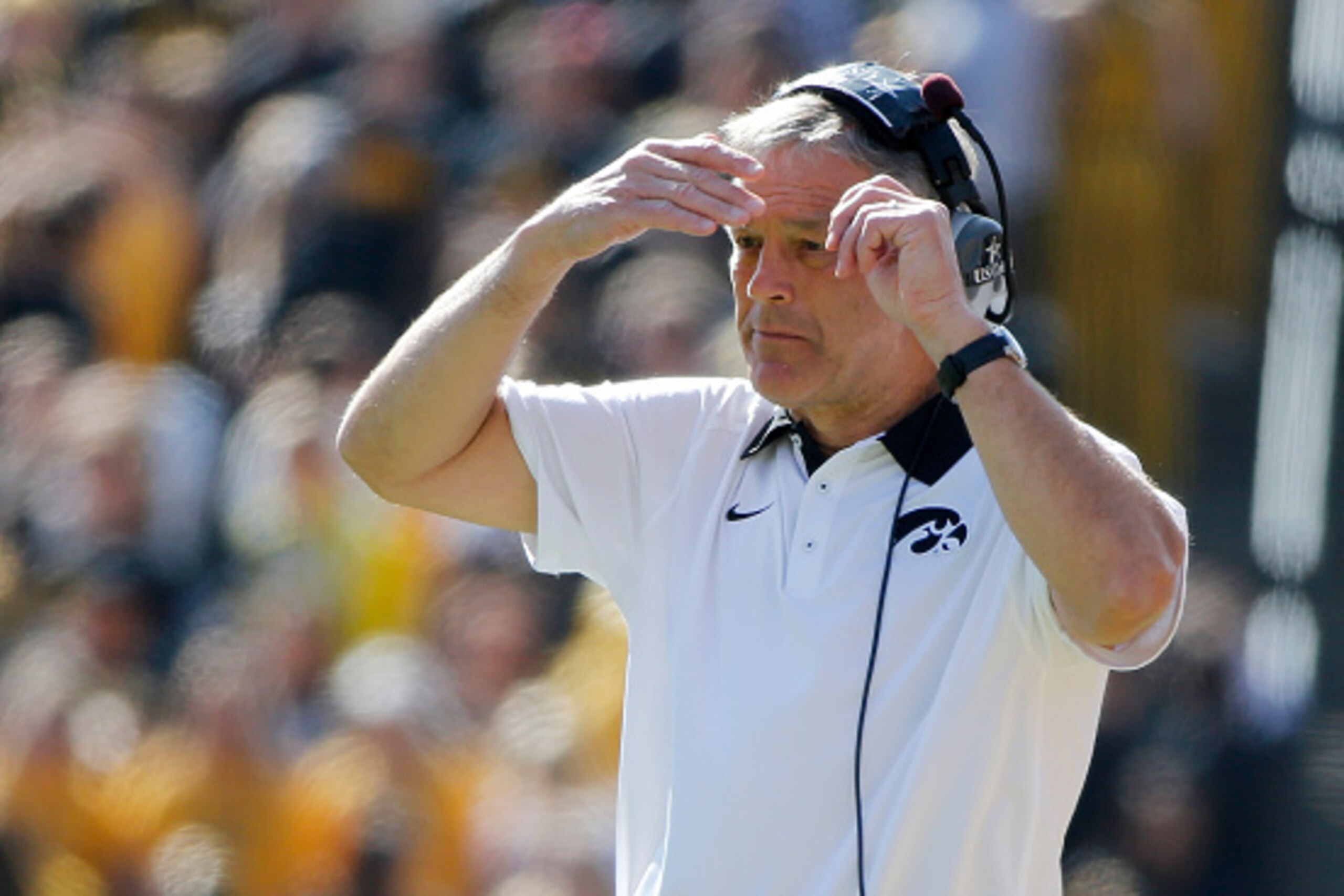 IOWA CITY, IA - OCTOBER 10: Head coach Kirk Ferentz of the Iowa Hawkeyes coaches from the sidelines in the first half of play against the Illinois Fighting Illini at Kinnick Stadium on October 10, 2015 in Iowa City, Iowa. (Photo by David Purdy/Getty Image