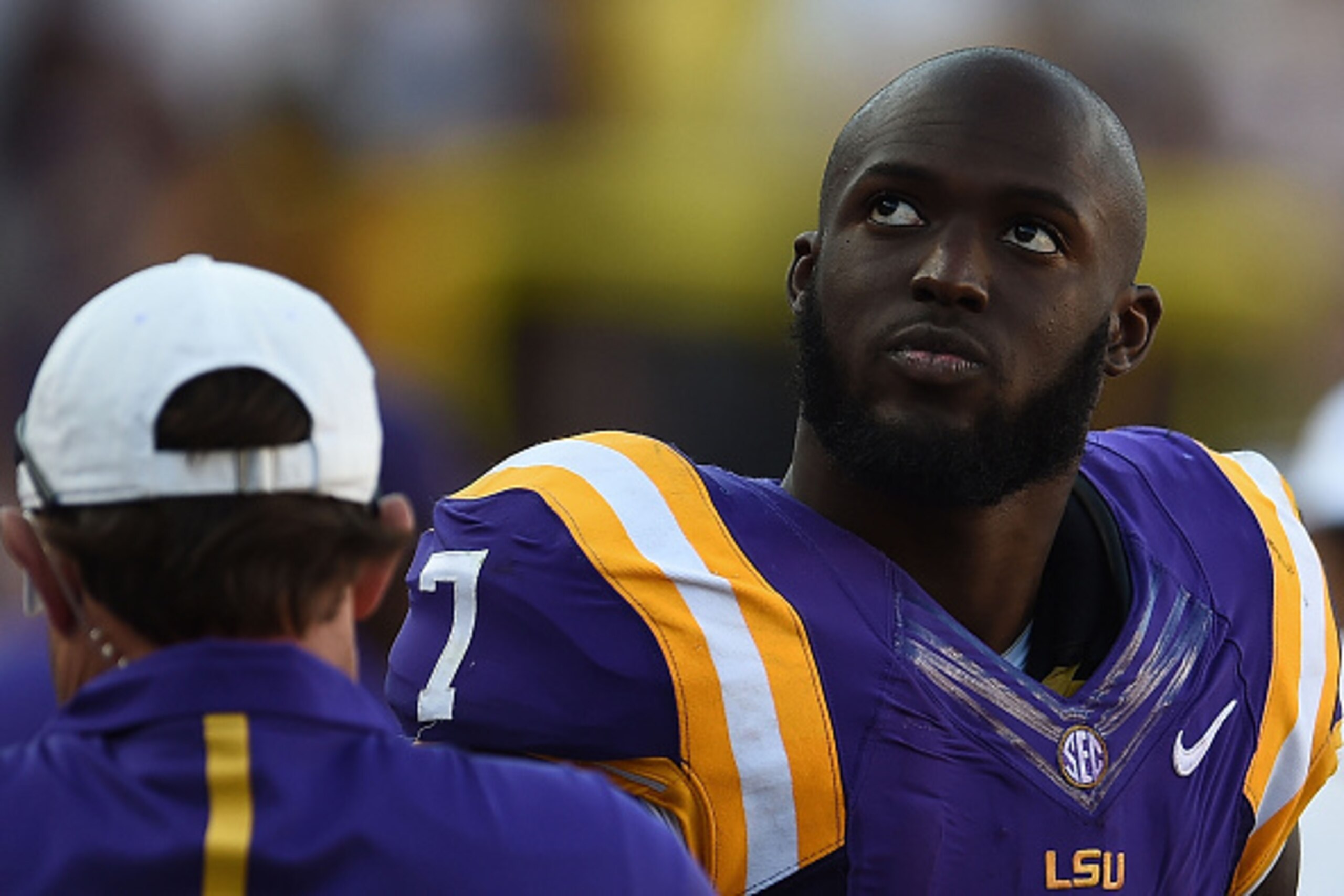 BATON ROUGE, LA - OCTOBER 10:  Leonard Fournette #7 of the LSU Tigers looks to the scoreboard during a game against the South Carolina Gamecocks at Tiger Stadium on October 10, 2015 in Baton Rouge, Louisiana.  LSU defeated South Carolina 45-24.  (Photo by