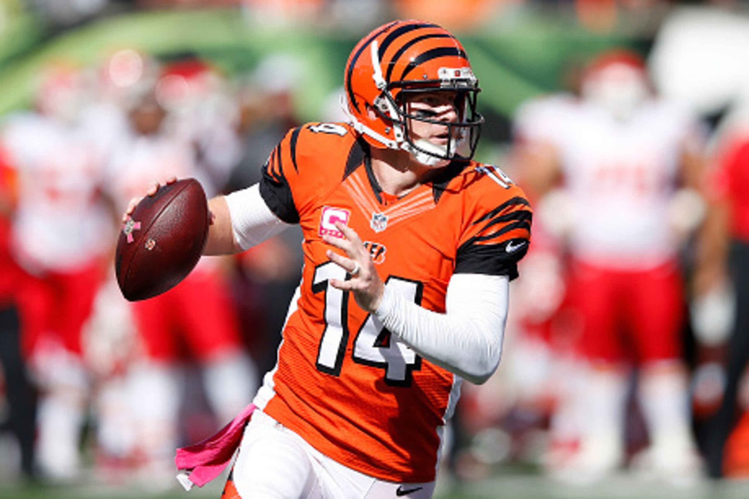 CINCINNATI, OH - OCTOBER 4: Andy Dalton #14 of the Cincinnati Bengals looks to pass against the Kansas City Chiefs during a game at Paul Brown Stadium on October 4, 2015 in Cincinnati, Ohio. The Bengals defeated the Chiefs 36-21. (Photo by Joe Robbins/Get