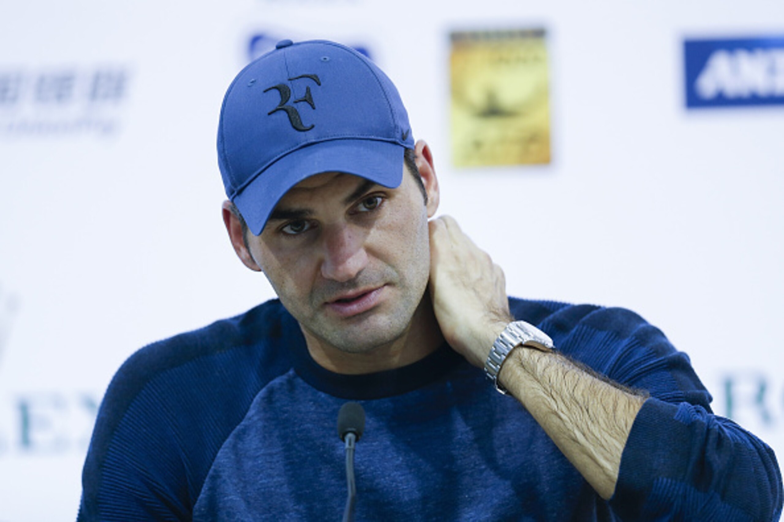 SHANGHAI, CHINA - OCTOBER 13:  Roger Federer of Switzerland speaks at a press conference after losing the men's singles second round match against Albert Ramos-Vinolas of Spain on day 3 of Shanghai Rolex Masters at Qi Zhong Tennis Centre on October 13, 20