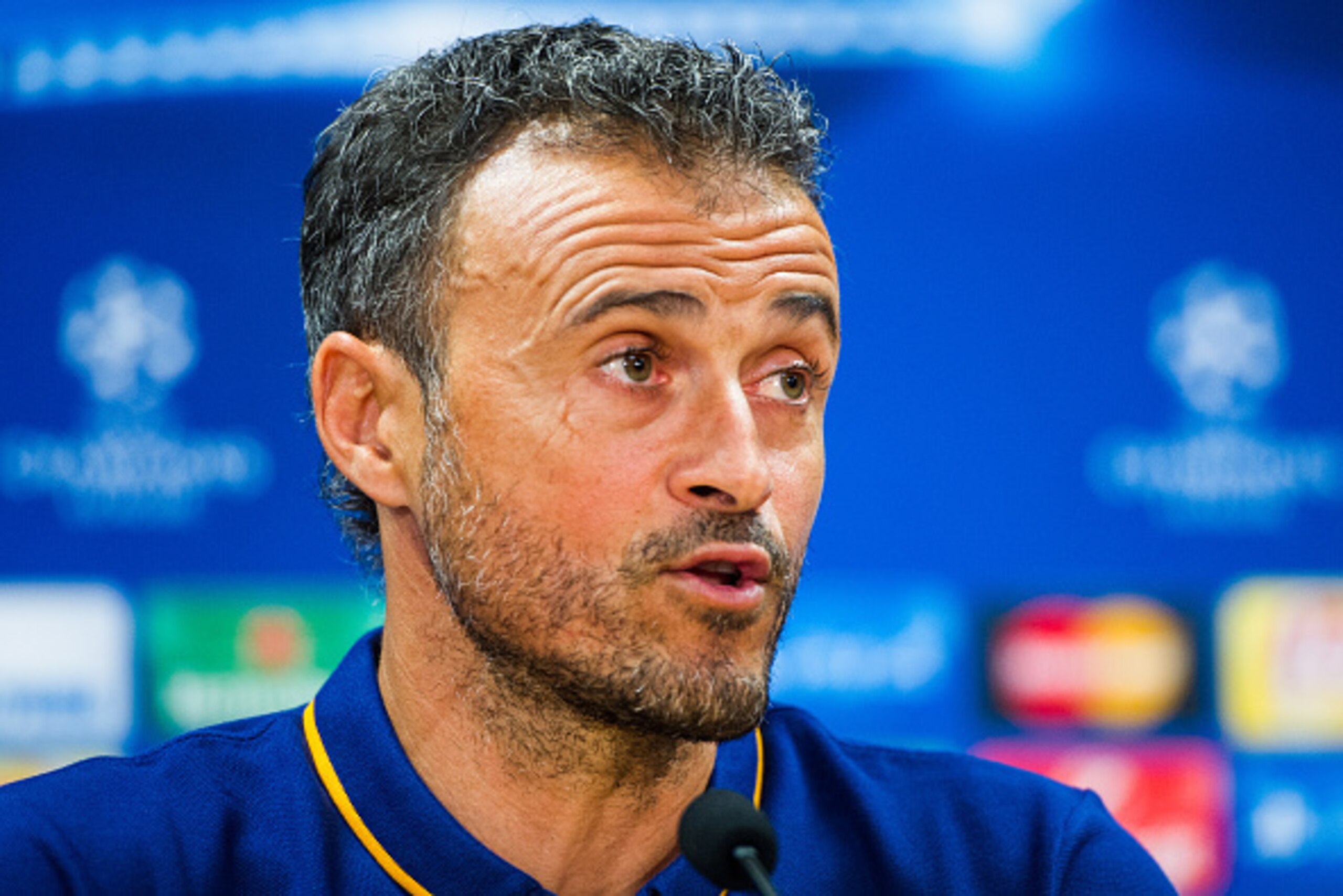 BARCELONA, SPAIN - SEPTEMBER 28:  Head coach Luis Enrique of FC Barcelona looks on during a press conference ahead of a UEFA Champions League Group E match against Bayern 04 Leverkusen at Ciutat Esportiva on September 28, 2015 in Barcelona, Spain.  (Photo